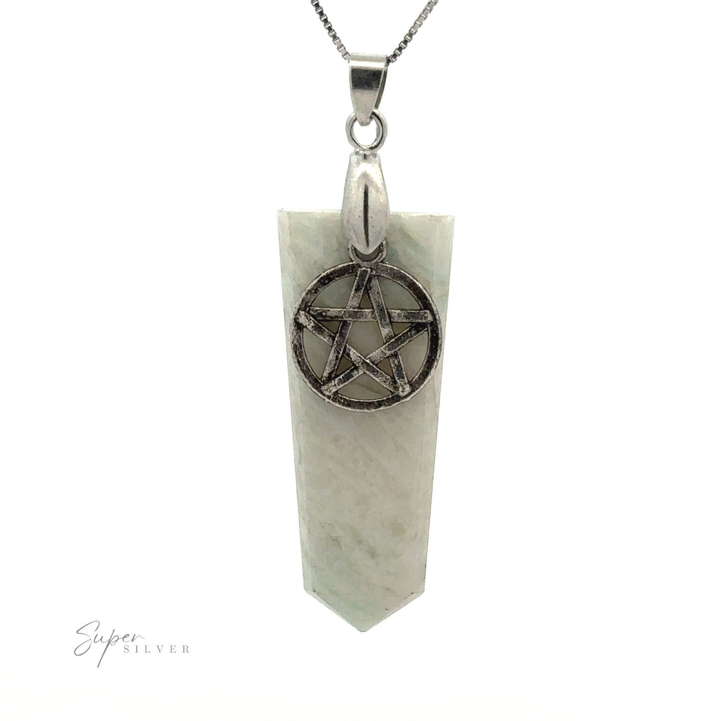 
                  
                    A Pentagram Stone Slab Pendant featuring a pendant with a pointed, marble-like gemstone slab. Attached to the stone is a silver pentagram charm. The image includes the text "Super Silver" in the bottom left corner.
                  
                