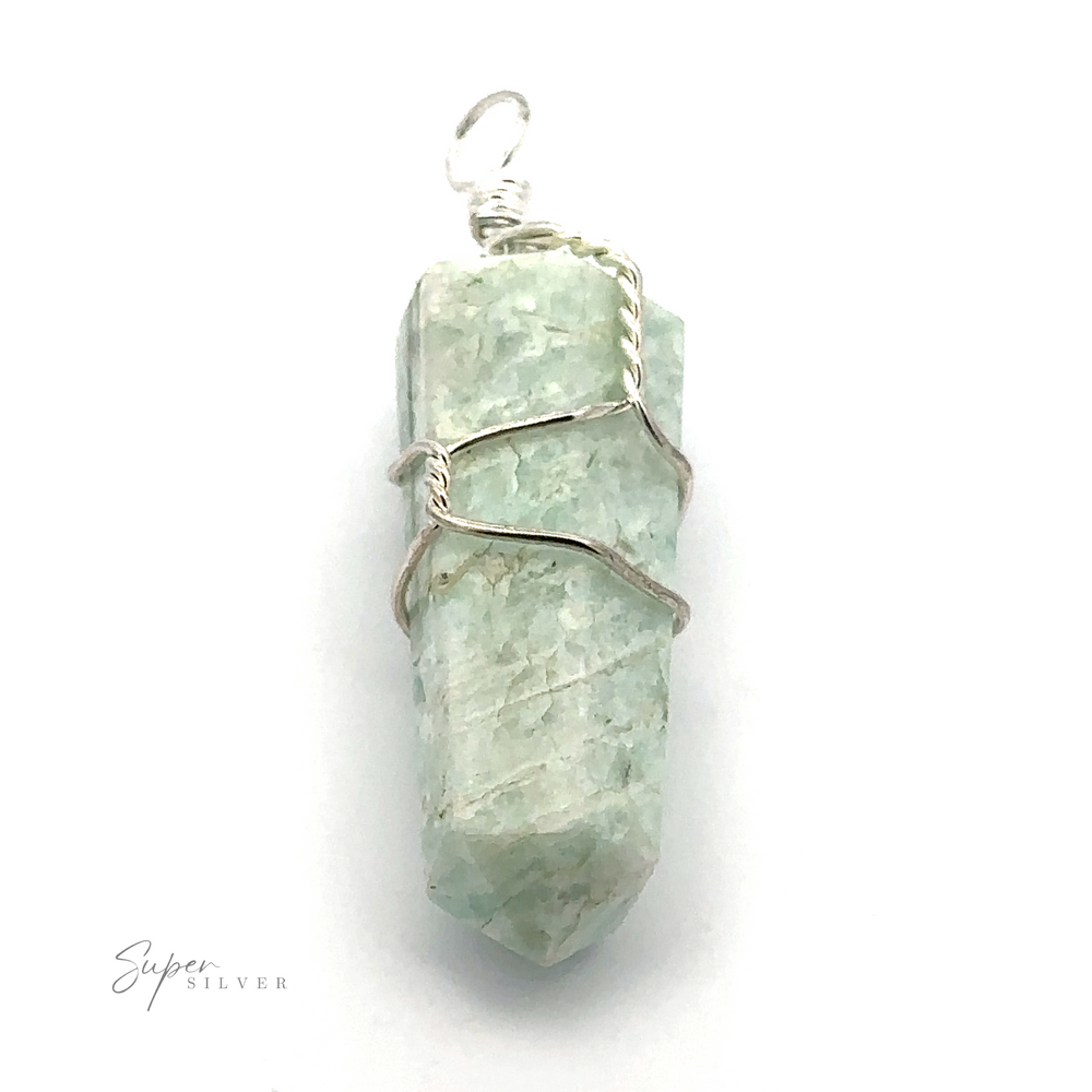 
                  
                    A genuine Wire-Wrapped Stone Pendant featuring a light green, obelisk-shaped gemstone wrapped in silver wire, with a small loop at the top against a white background.
                  
                