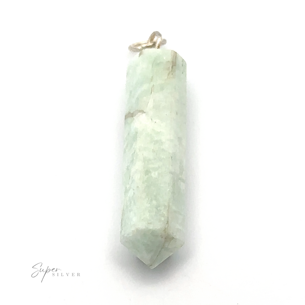 
                  
                    A greenish-white stone pendant with a raw obelisk shape, featuring a pointed tip and a gold loop for hanging, labeled "Raw Stone Obelisk Pendant.
                  
                