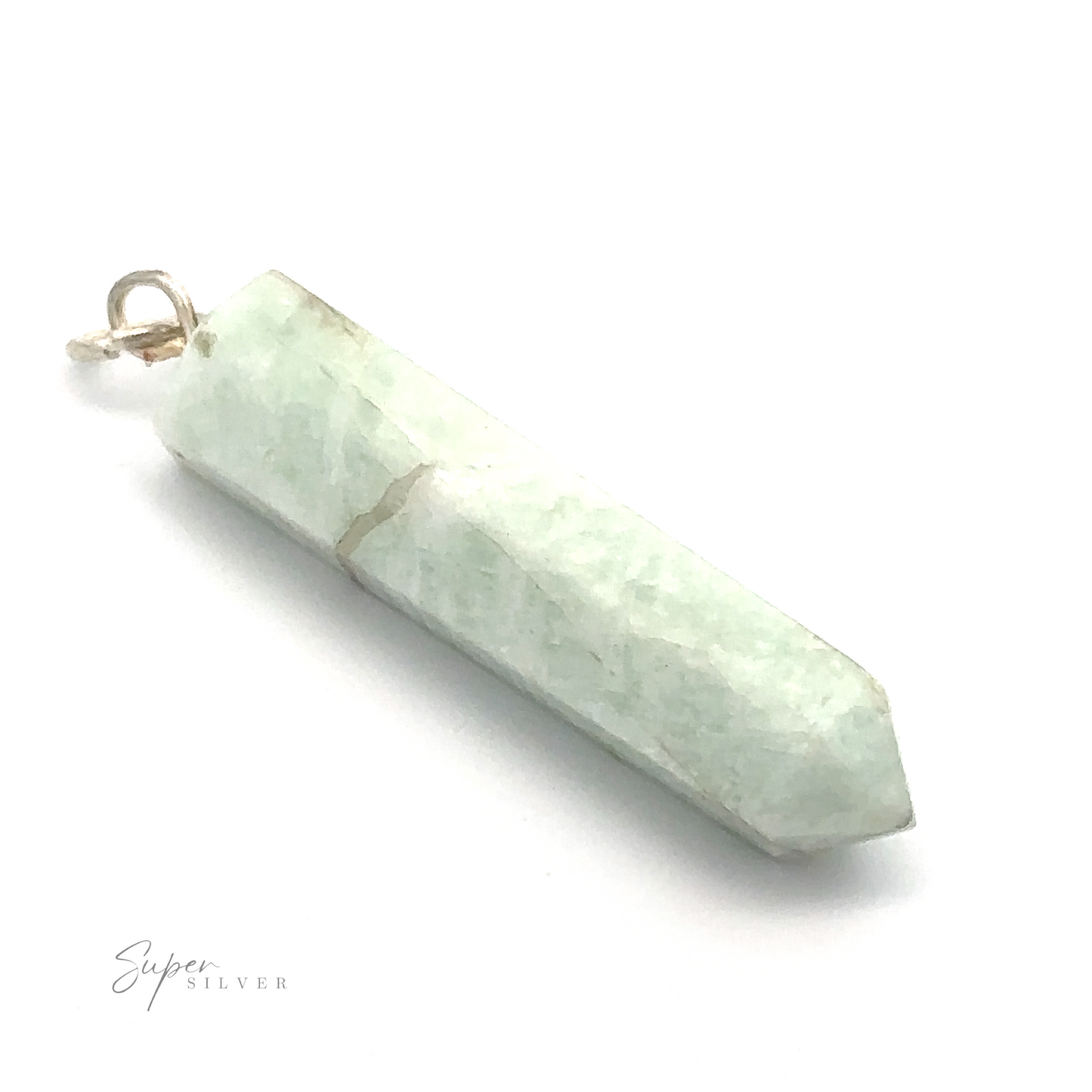 
                  
                    A pale green, double-terminated stone pendant with a silver loop for attaching to a chain, set against a white background. The raw obelisk shape lends an earthy feel. "Raw Stone Obelisk Pendant" is faintly visible in the bottom corner, highlighting the mixed metals craftsmanship.
                  
                