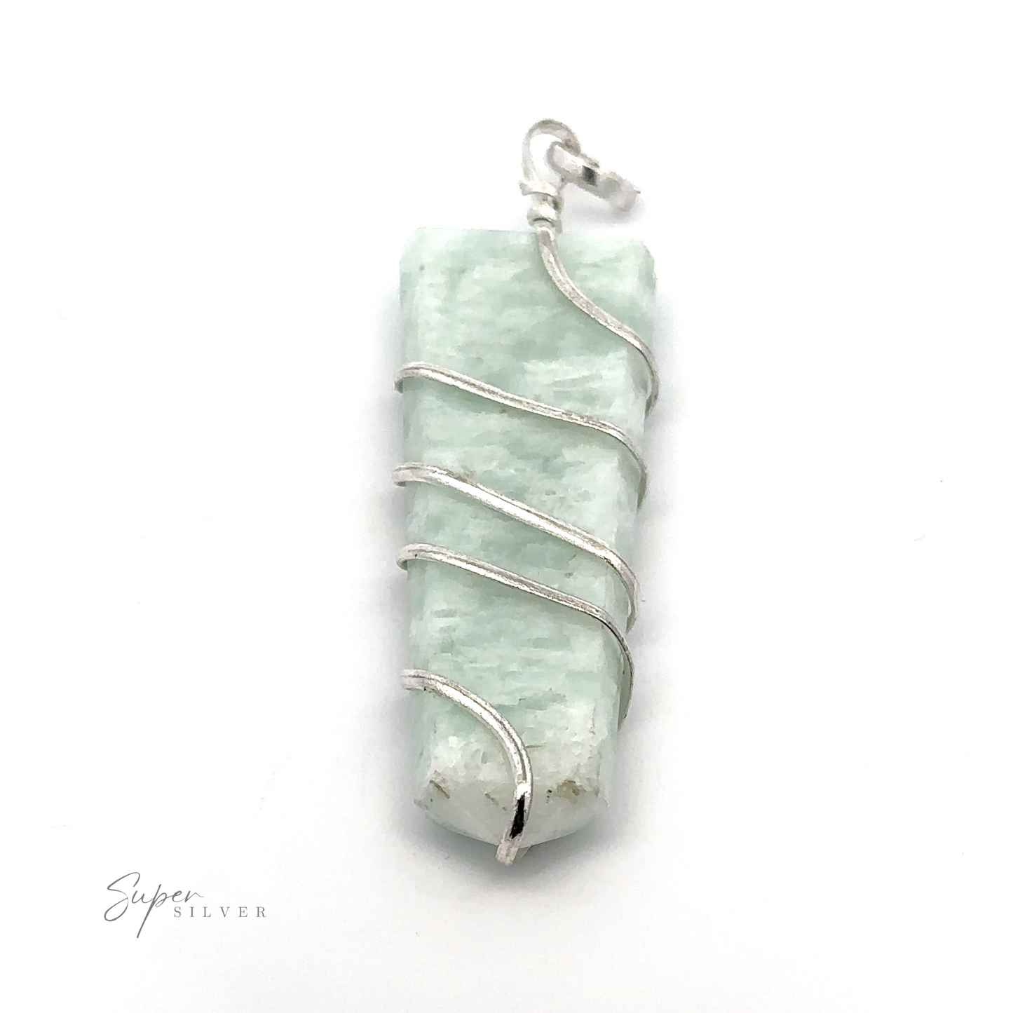 
                  
                    A light green rectangular Wire Wrapped Slab Pendant displayed against a white background. The image includes the text "Super Silver" in the bottom left corner.
                  
                