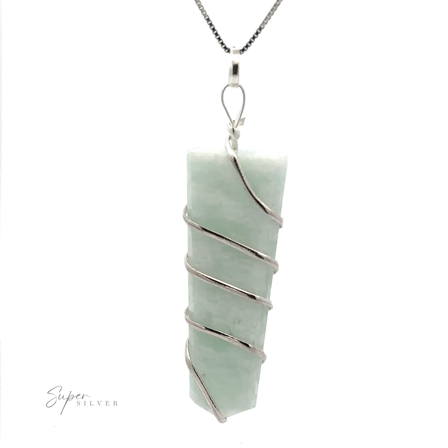 
                  
                    A Wire Wrapped Slab Pendant with a rectangular, light green stone slab, meticulously wrapped in silver wire, hangs from a thin silver chain. The background is white, and the text "Super Silver" is printed at the bottom left. This exquisite piece of gemstone jewelry makes a subtle yet standout statement.
                  
                