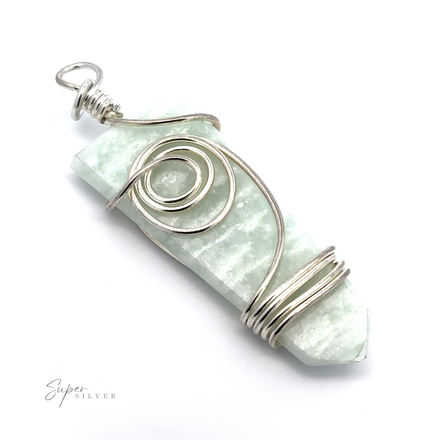 
                  
                    A light green gemstone pendant wrapped in silver wire with a loop for attaching to a necklace. The name "Stone Slab Pendant with Wire Wrapping" is visible on the bottom left corner, showcasing an exquisite piece of mixed metals and wire-wrapped jewelry.
                  
                
