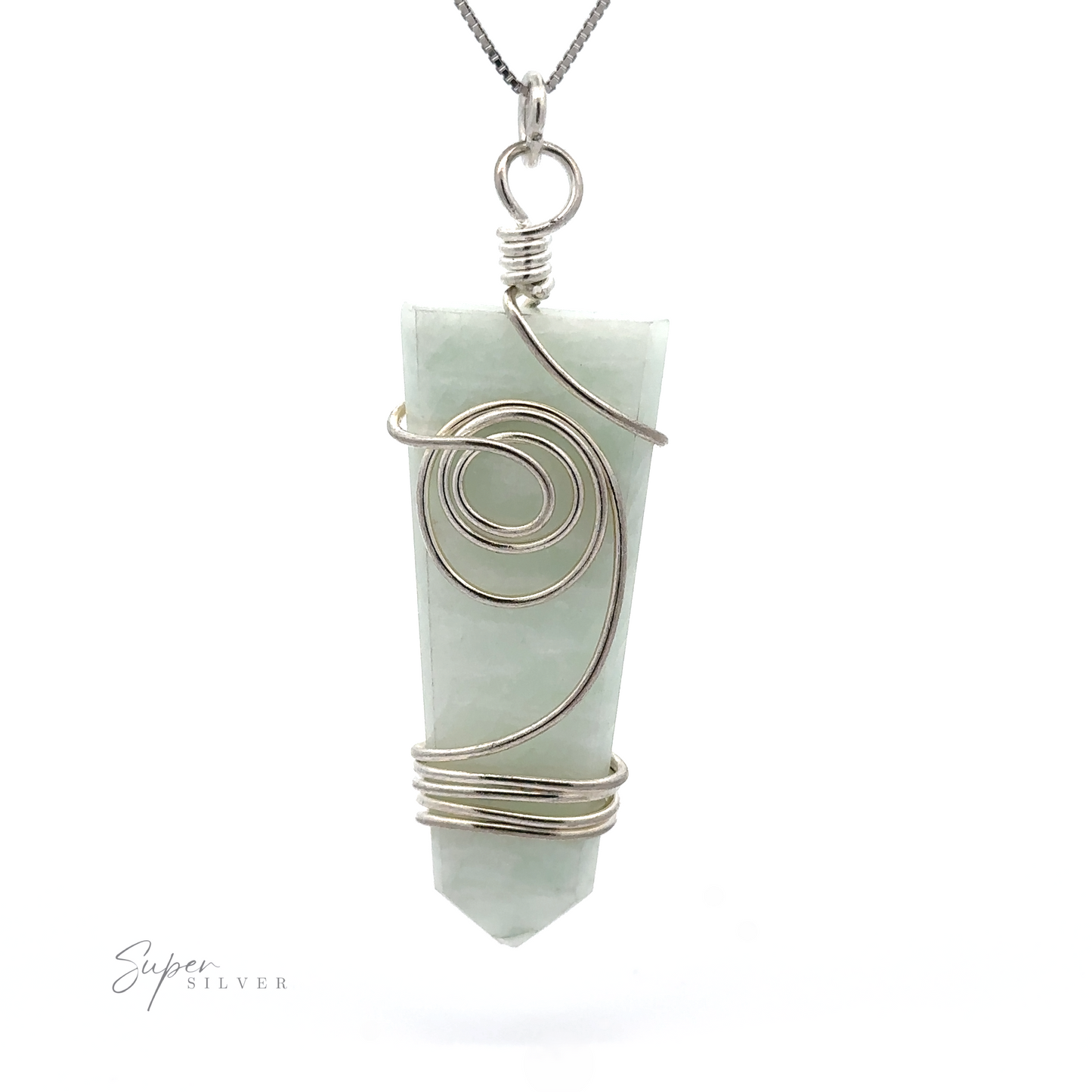 
                  
                    A Stone Slab Pendant with Wire Wrapping featuring a light green crystal wrapped in mixed metals and silver wire hangs from a thin chain, set against a white background.
                  
                