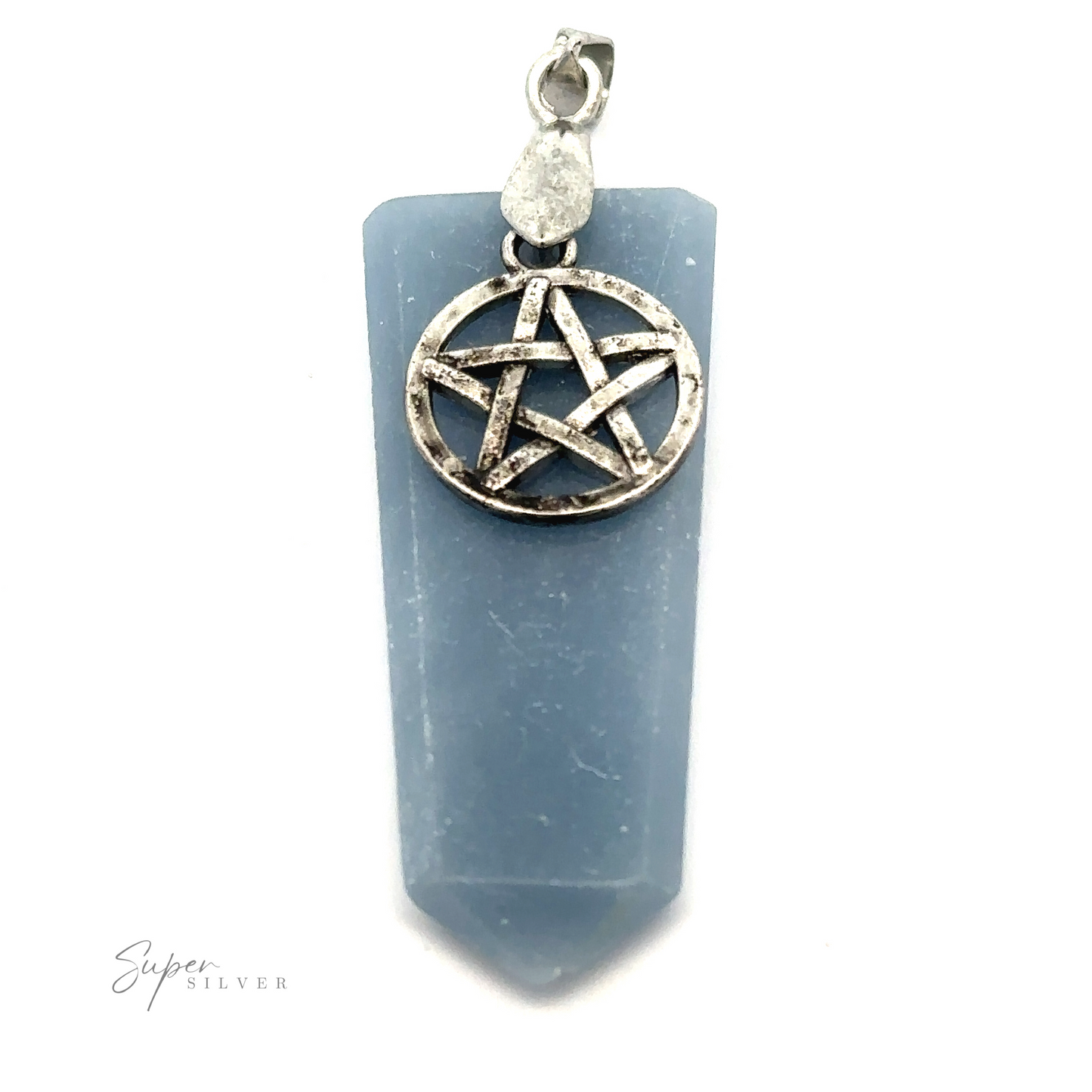 
                  
                    A Pentagram Stone Slab Pendant with a silver pentagram charm and a small loop at the top for attaching to a chain, beautifully crafted with mixed metals for an elegant touch.
                  
                