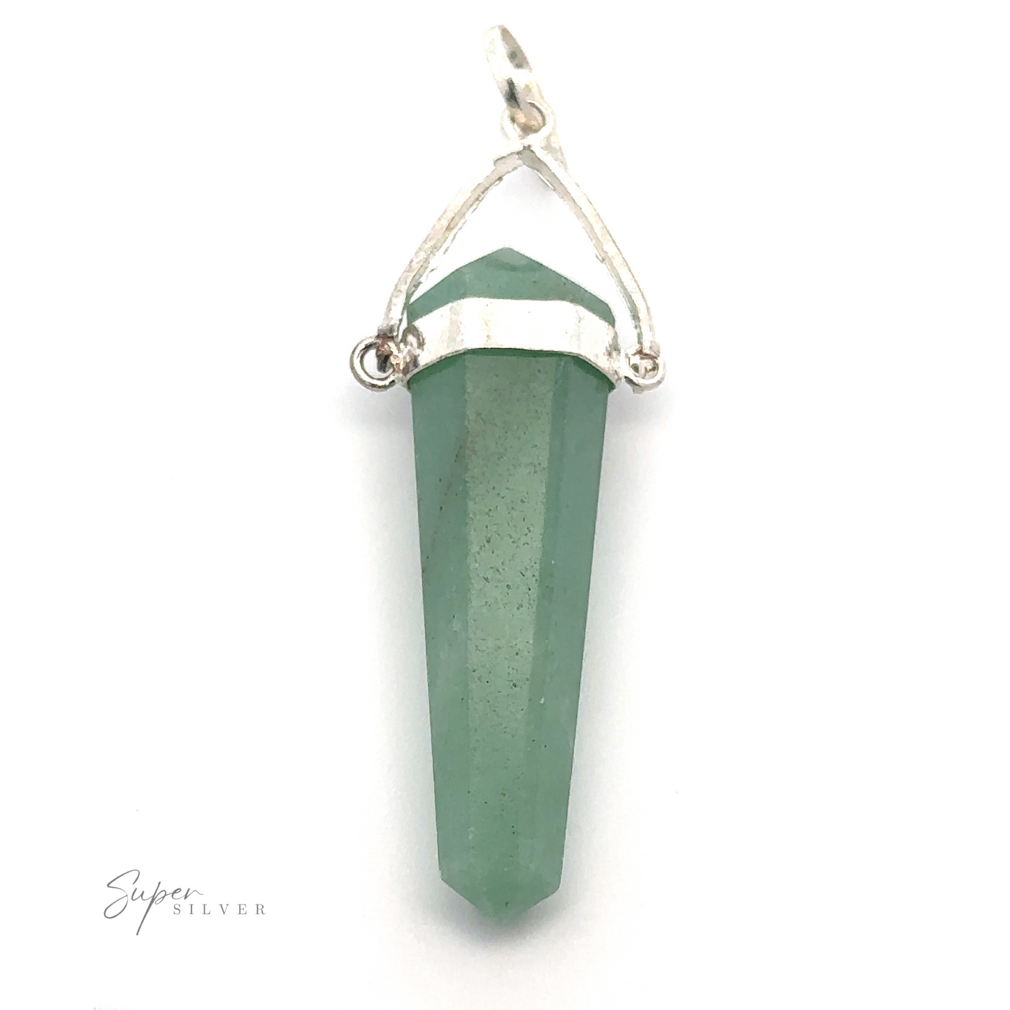 
                  
                    A silver-capped, green crystal point pendant with a loop for attaching to a chain. The logo "Super Silver" is in the bottom left corner. This stunning piece, the Raw Stone Swivel Pendant, resembles a raw stone obelisk, making it a perfect addition to any jewelry collection.
                  
                