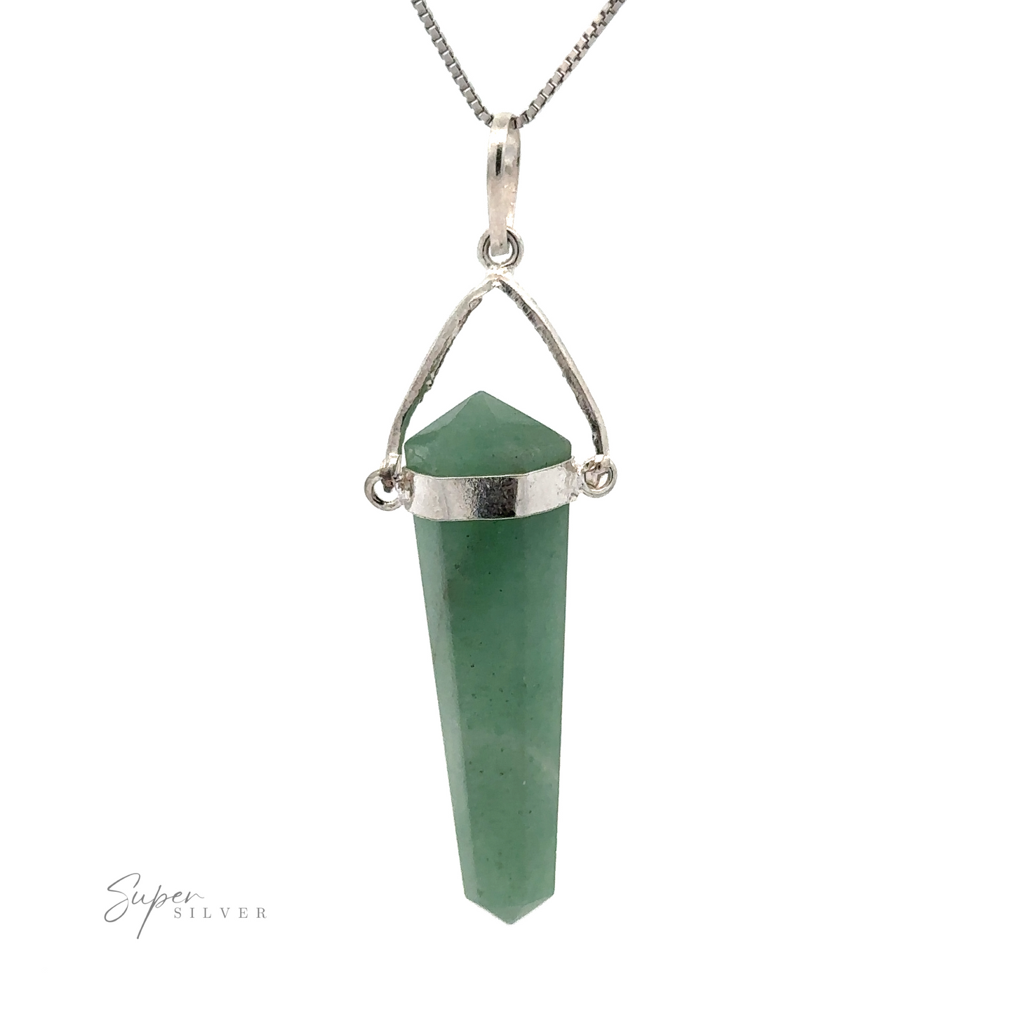 
                  
                    Raw Stone Swivel Pendant featuring a green hexagonal crystal pendant, beautifully suspended within a silver-plated setting.
                  
                