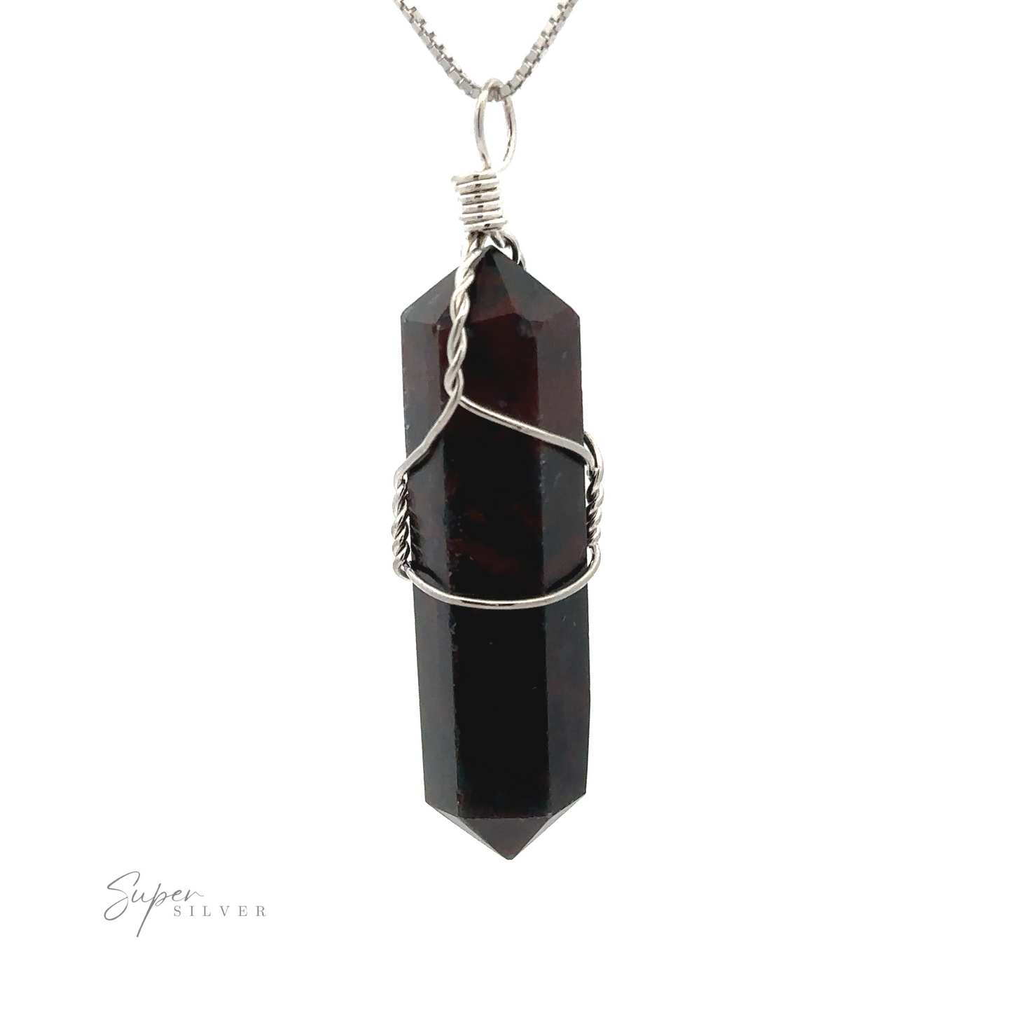 
                  
                    A Wire Wrapped Stone Pendant hangs from a silver chain against a white background. The Wire Wrapped Stone Pendant is elongated with a pointed end.
                  
                