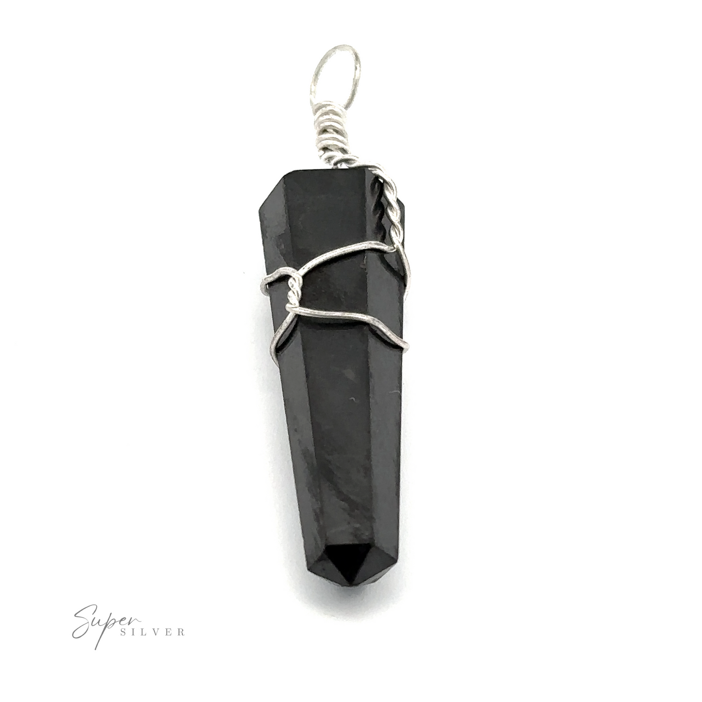
                  
                    An elongated black crystal pendant wrapped in silver wire, with a loop at the top for hanging. The text "Super Silver" is visible in the bottom left corner, adding a touch of elegance to this unique Wire Wrapped Stone Pendant.
                  
                