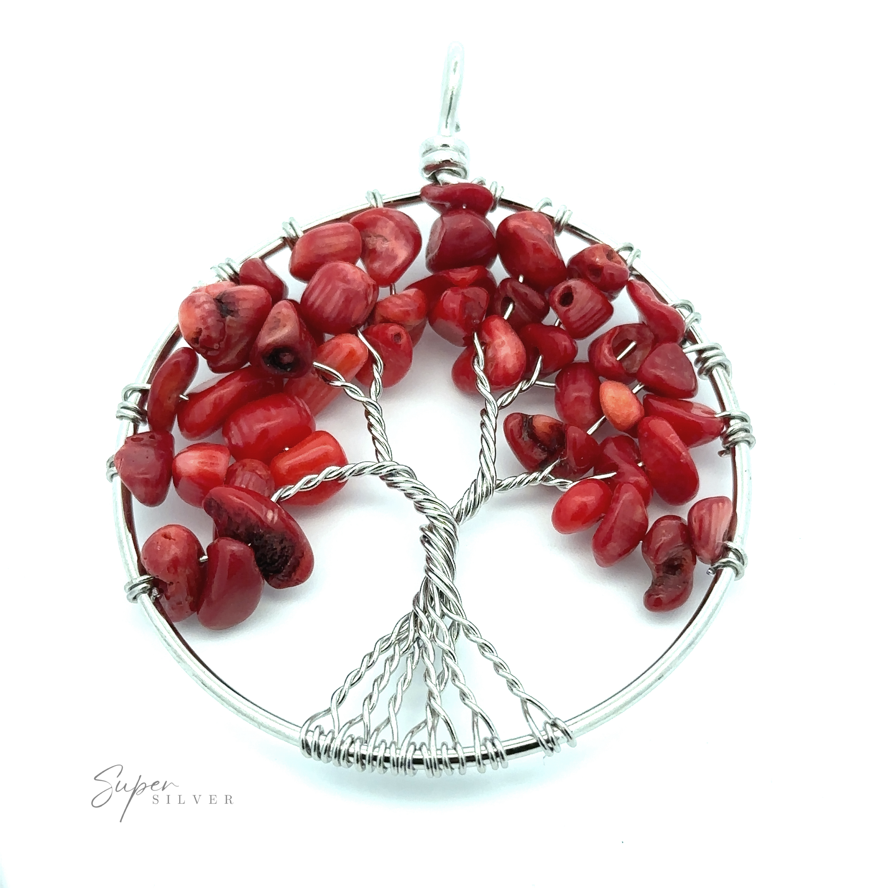 Wire Wrapped Tree of Life Pendant adorned with red gemstone chips representing vibrant foliage. "Super Silver" is elegantly inscribed on the lower left.
