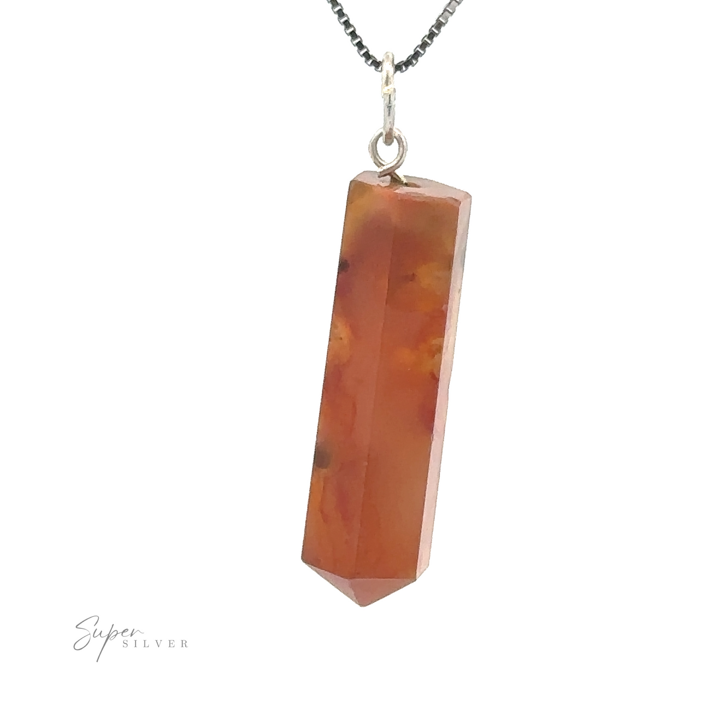
                  
                    A Raw Stone Obelisk Pendant with slight color variations hangs elegantly from a mixed metals silver chain. The image features the "Super Silver" logo in the lower-left corner.
                  
                