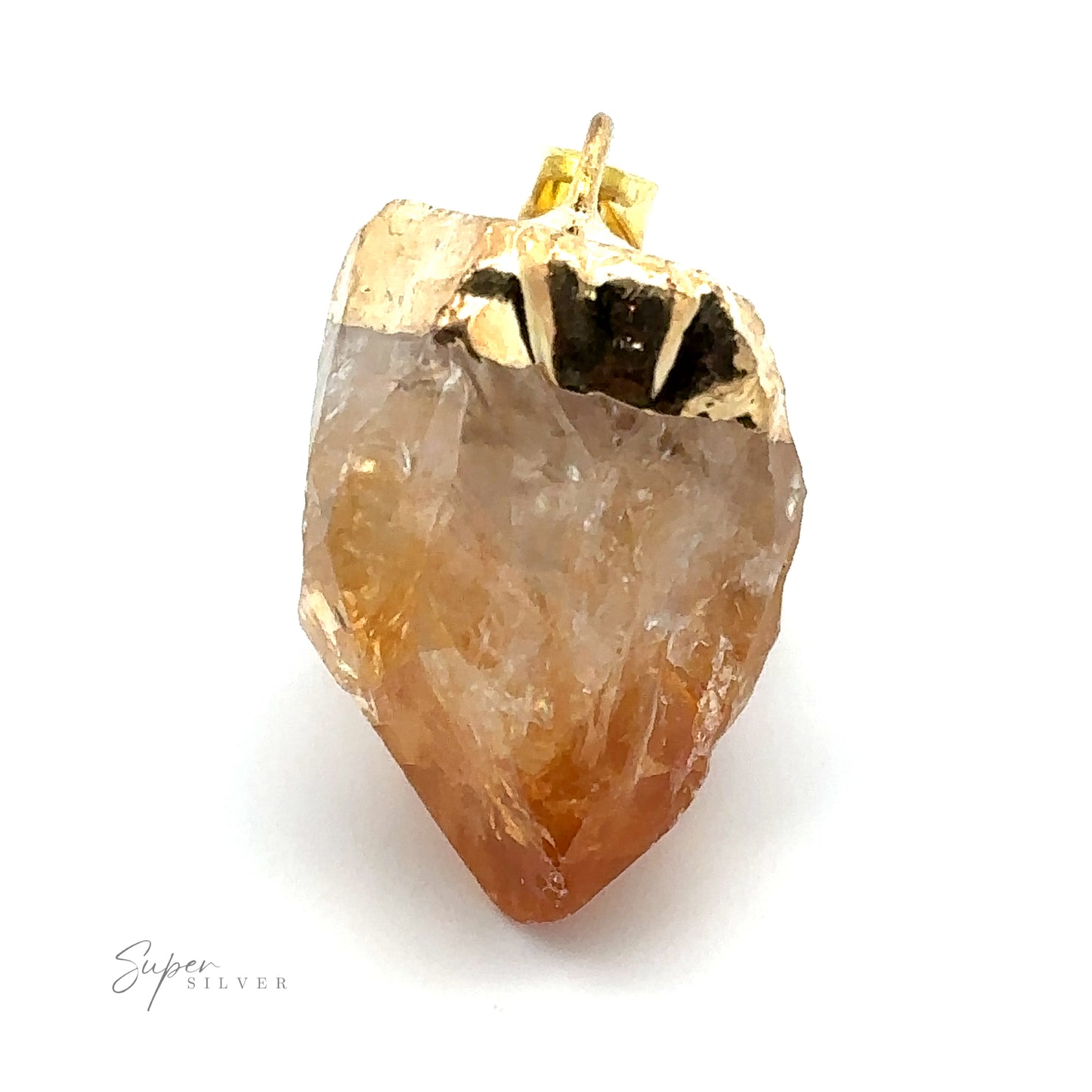 
                  
                    A Raw Crystal Pendant With Gold Cap featuring a raw crystal encased in a gold plated cap, with an orange and clear gradient. The image has a "Super Silver" watermark at the bottom left corner.
                  
                