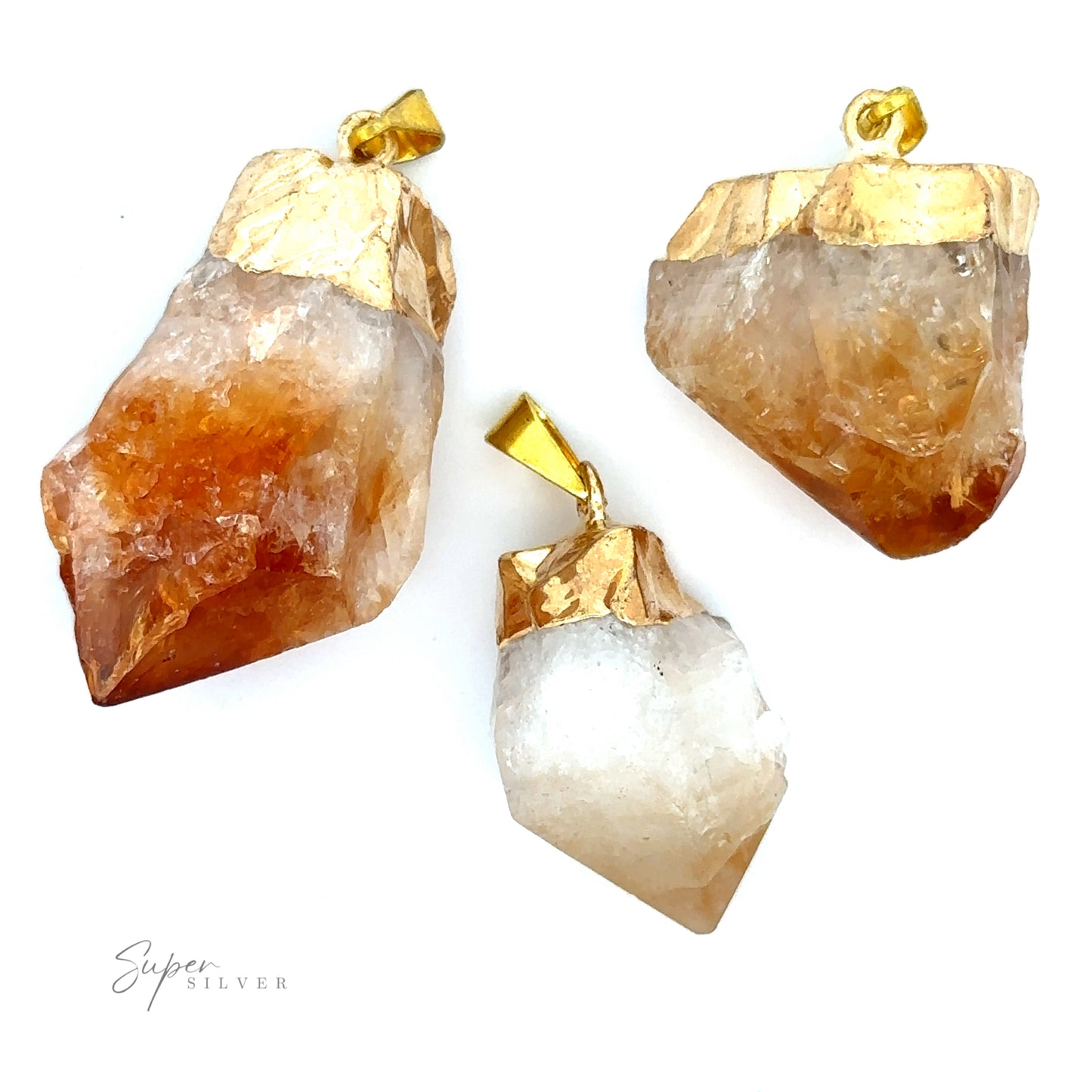 
                  
                    Three Raw Crystal Pendants With Gold Cap, arranged on a white background. The crystals are partly translucent with a gradient from white to amber. Text "Super Silver" appears in the bottom left corner.
                  
                