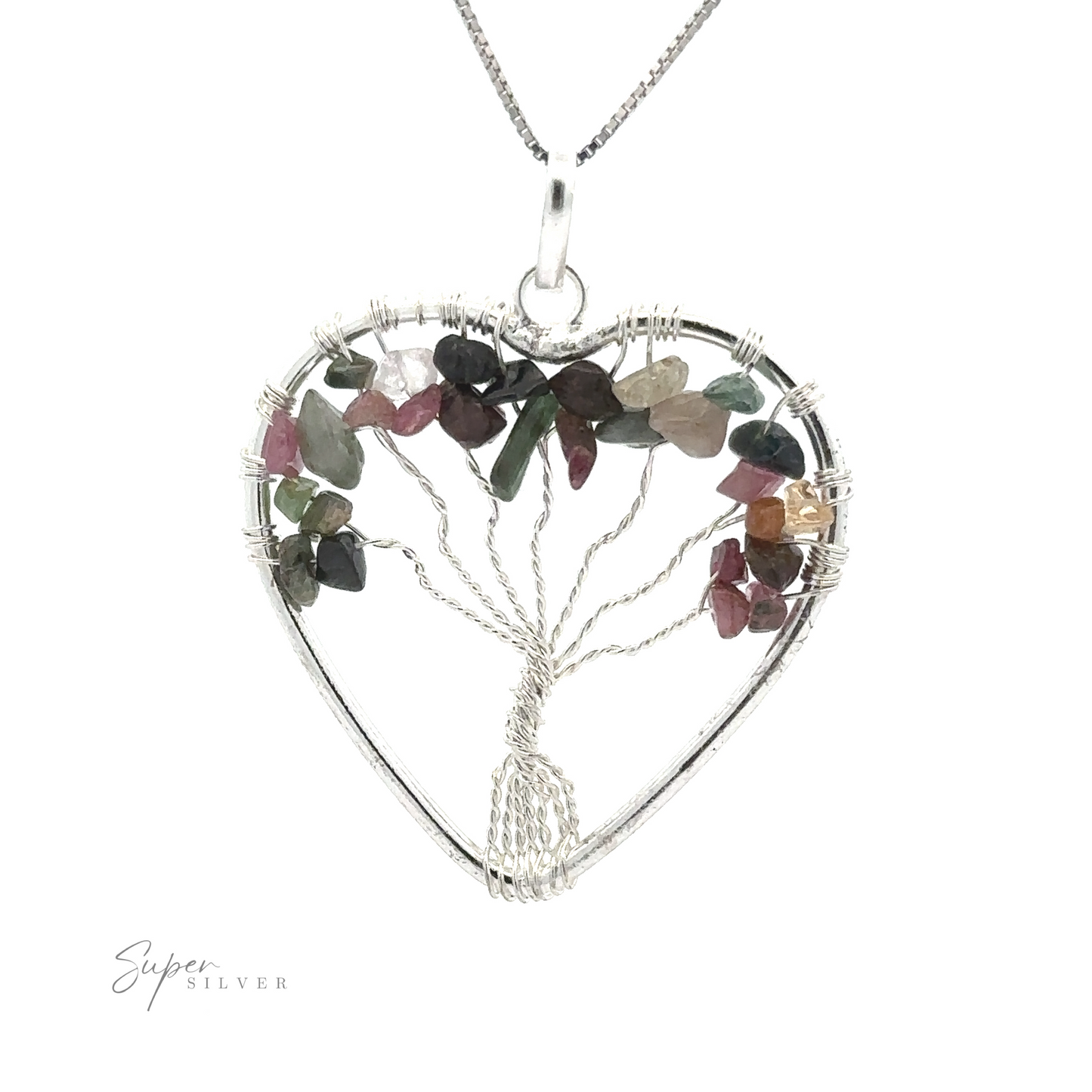 
                  
                    Heart Shaped Tree of Life Pendant featuring a wire-wrapped tree of life with colorful raw stone beads as leaves.
                  
                