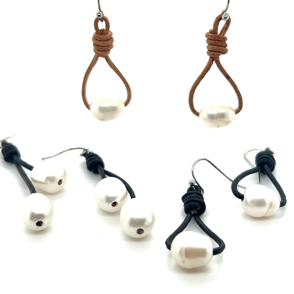 Laid-back style Leather Cord and Pearl Earrings with Super Silver.