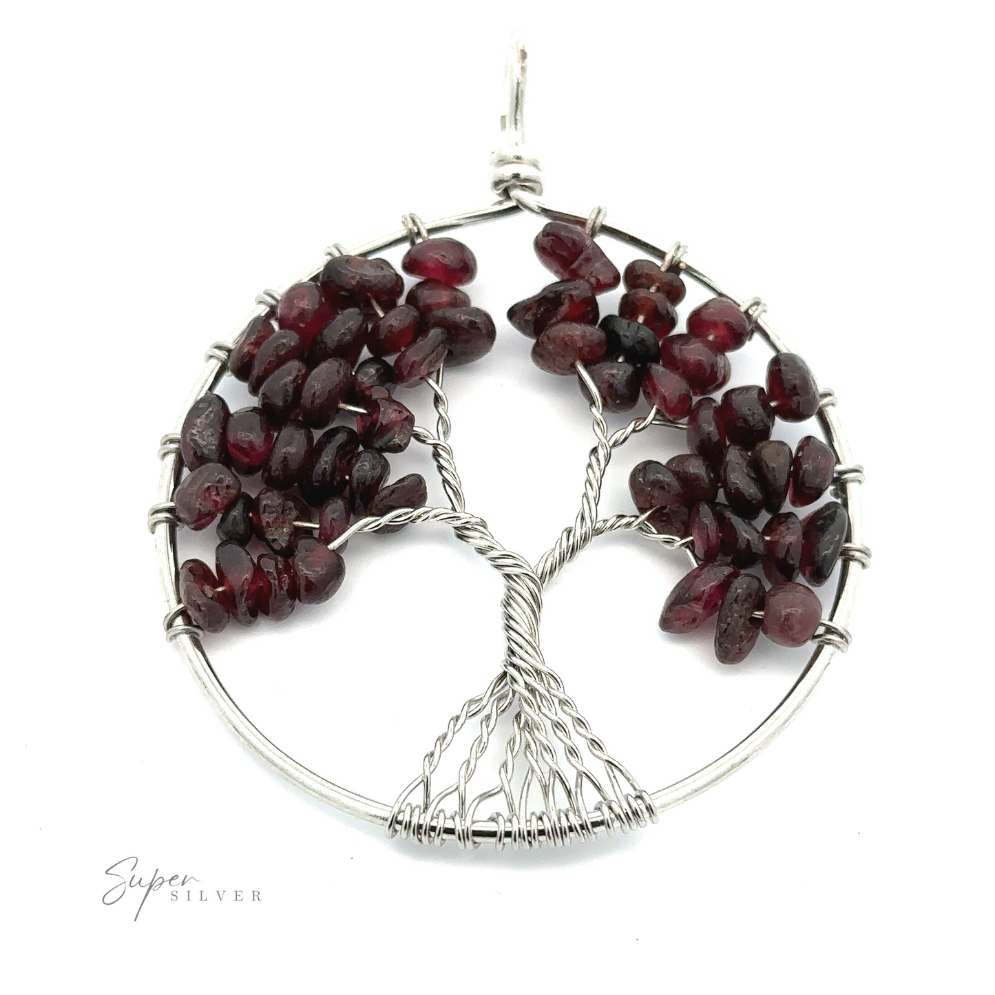 
                  
                    A circular Wire Wrapped Tree of Life Pendant featuring a tree design with dark red bead leaves and twisted wire branches, crafted from mixed metals and stamped with "Super Silver.
                  
                