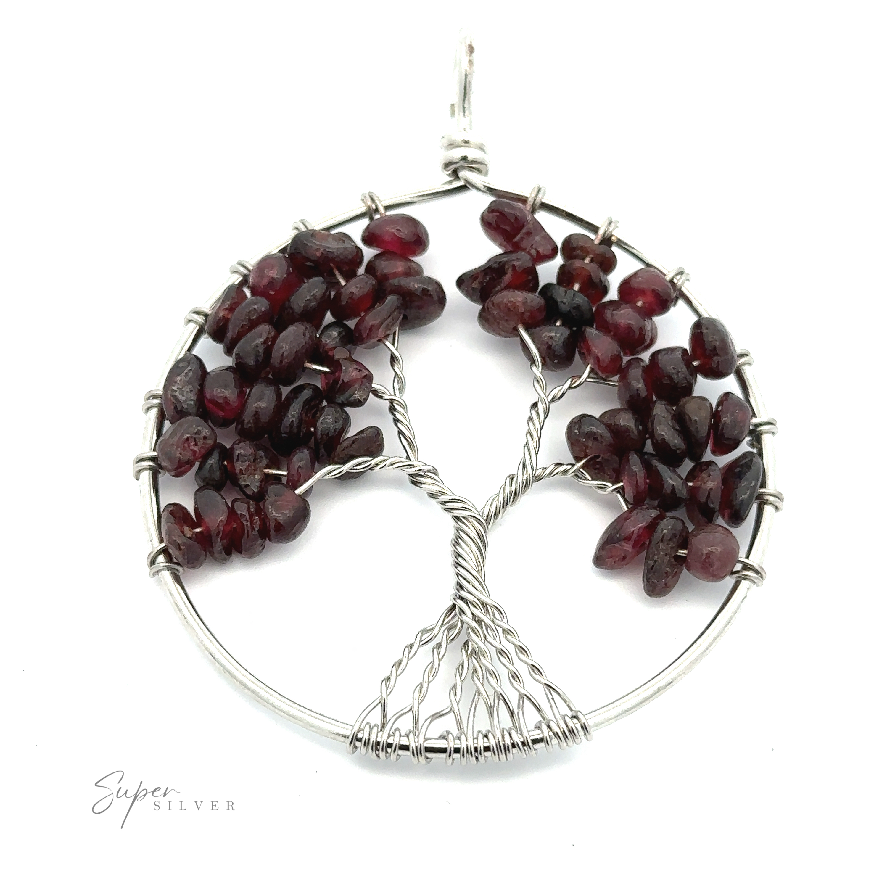 A circular Wire Wrapped Tree of Life Pendant featuring a tree design with dark red bead leaves and twisted wire branches, crafted from mixed metals and stamped with "Super Silver.
