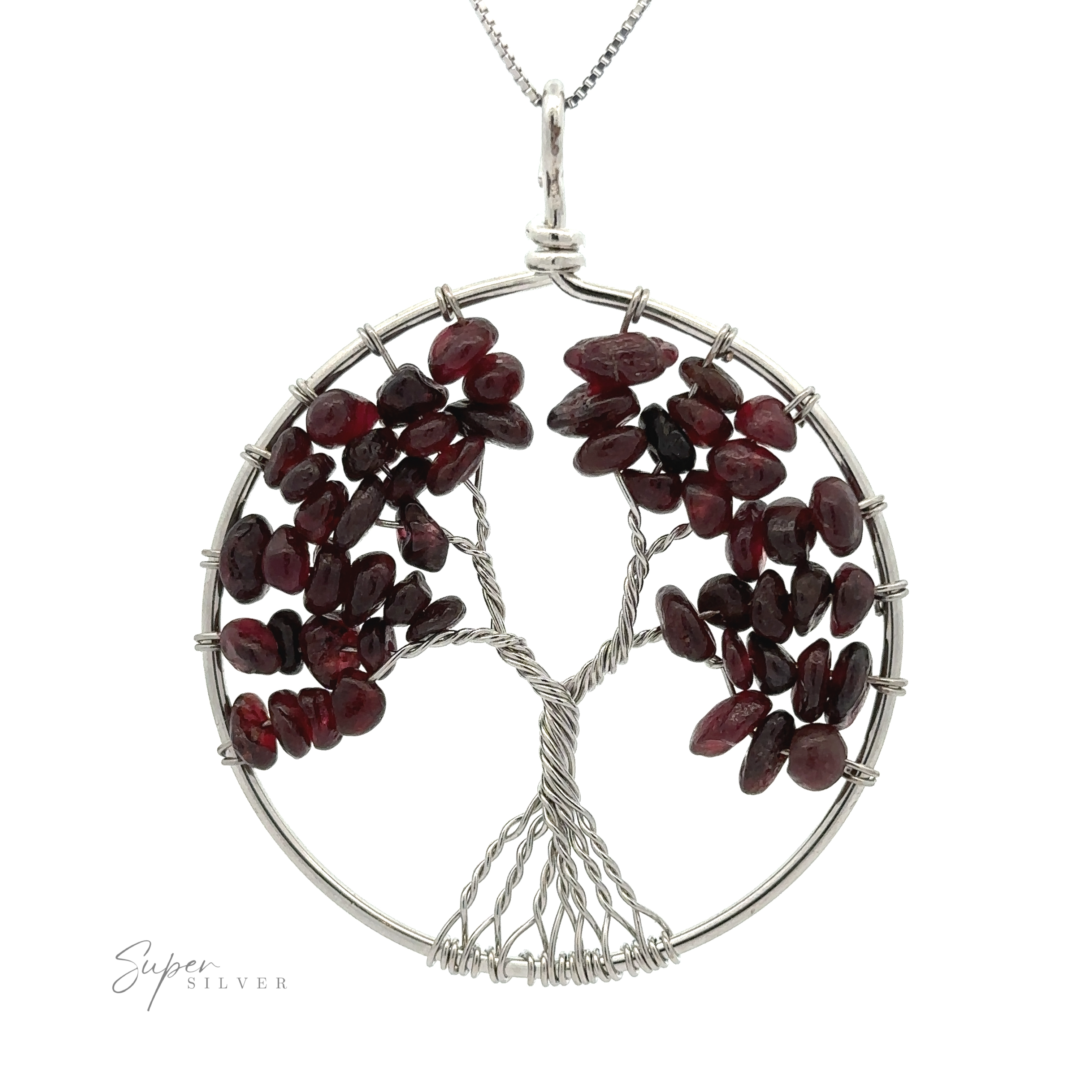 A circular silver Wire Wrapped Tree of Life Pendant featuring branches adorned with dark red gemstones. The pendant hangs on a silver chain, and "Super Silver" text is visible in the bottom left corner.