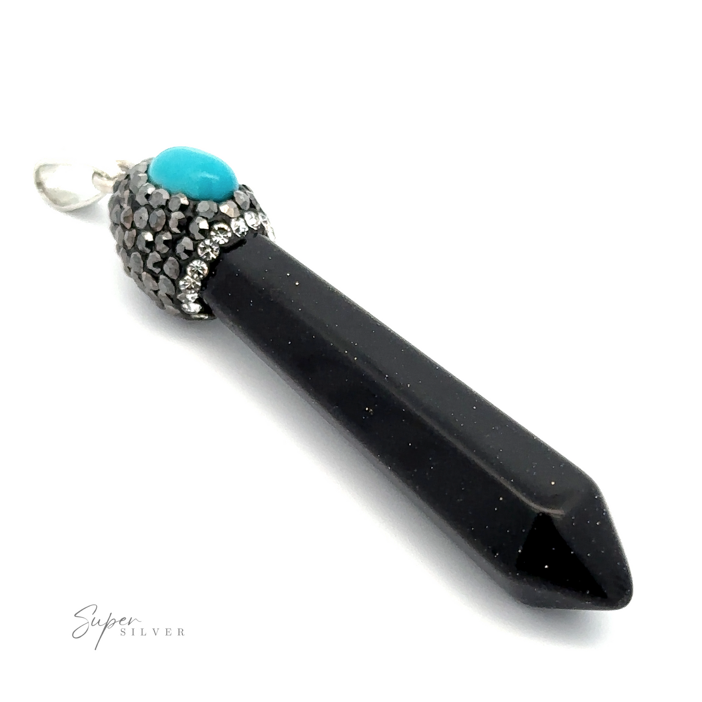 
                  
                    A striking Stone Obelisk Pendant, featuring a black crystal with a pointed end, adorned with small silver rhinestones and a turquoise stone at the top, all elegantly attached to a silver bail.
                  
                