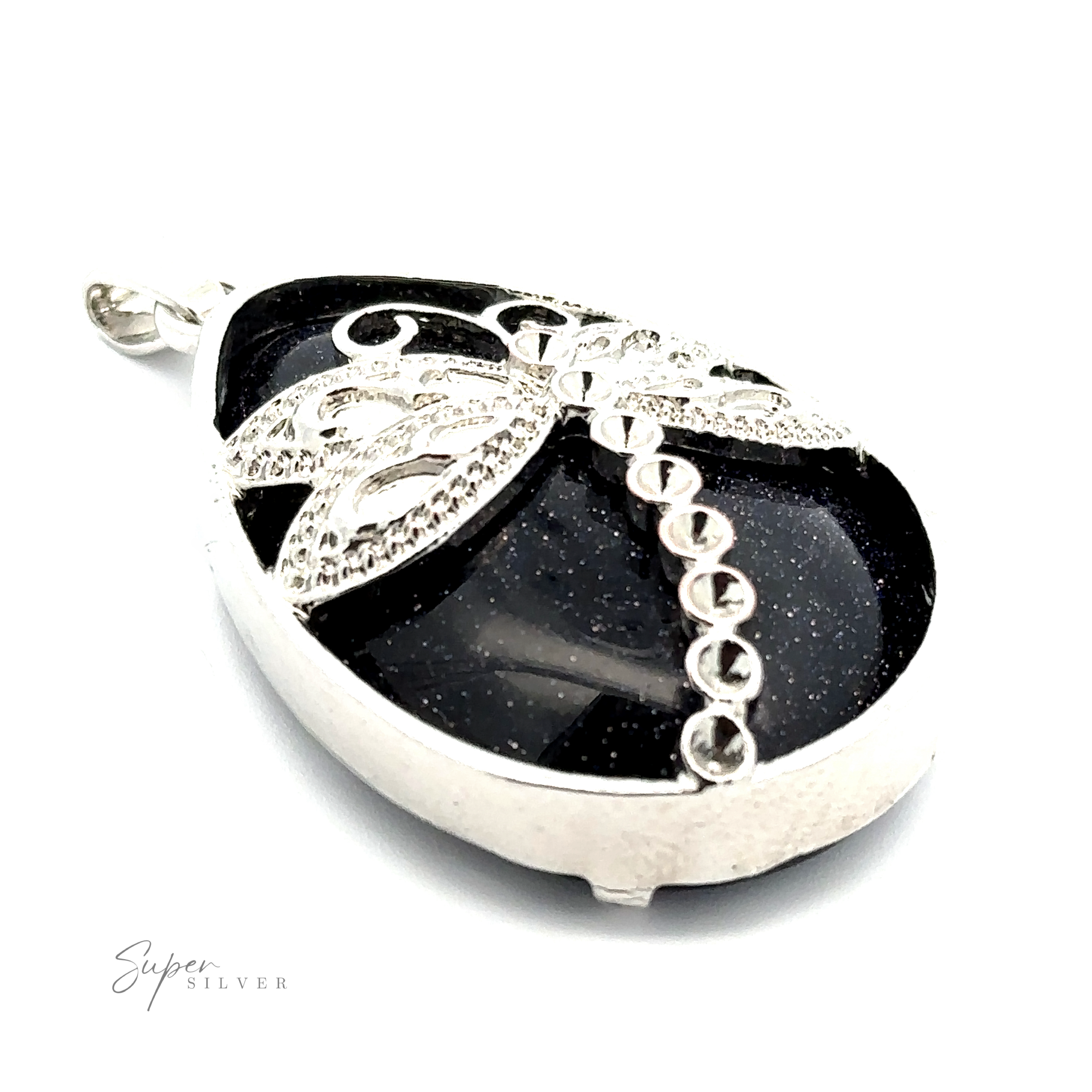 A Teardrop Stone pendant with Dragonfly shaped like a teardrop with a black stone center adorned with a decorative butterfly design at the top, featuring subtle mixed metals for added elegance.