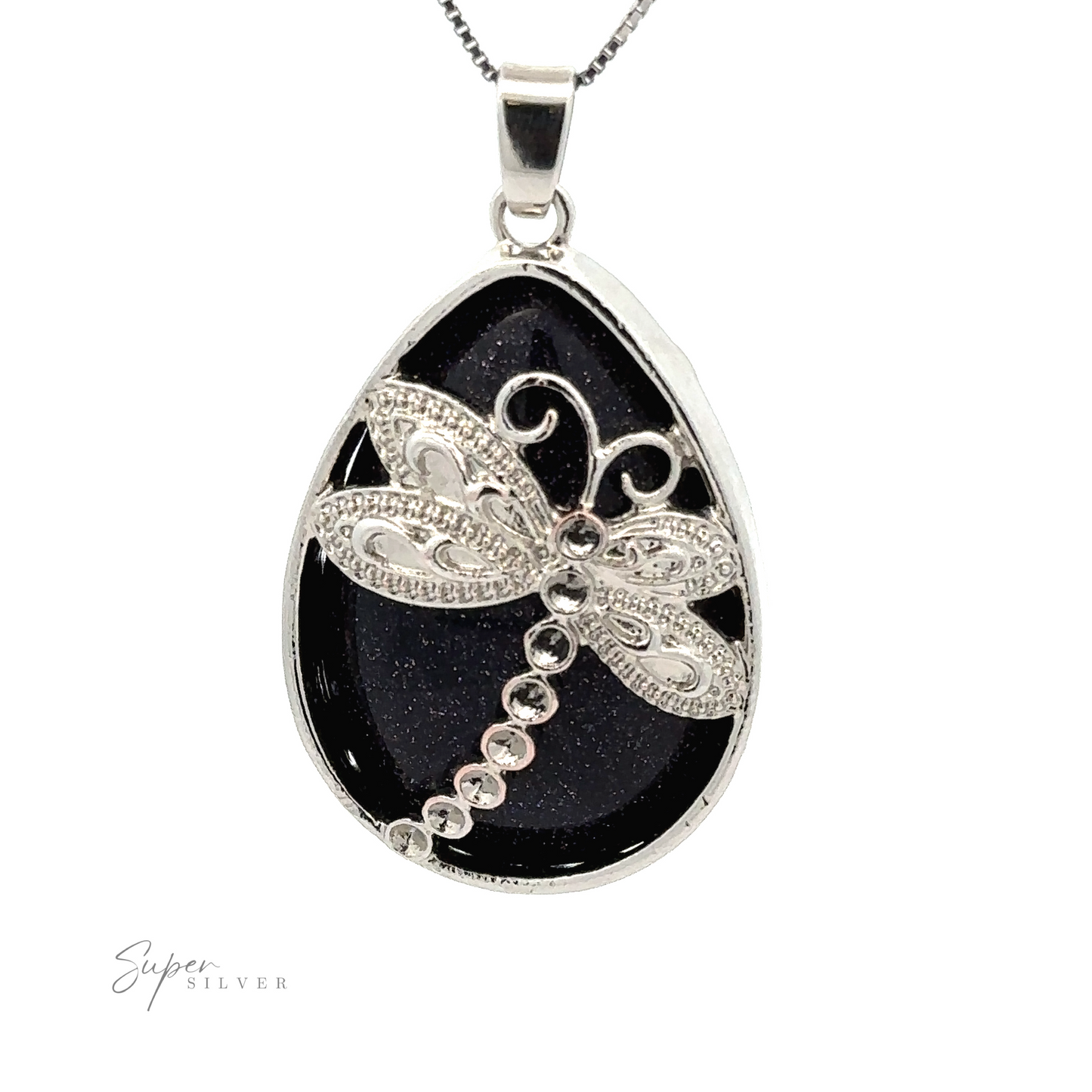 
                  
                    A Teardrop Stone pendant with Dragonfly with a silver dragonfly design on a dark, glittery background, with an Amethyst stone embedded at the top, and suspended from a thin mixed metals chain. The word "Super Silver" is visible in the lower left corner.
                  
                