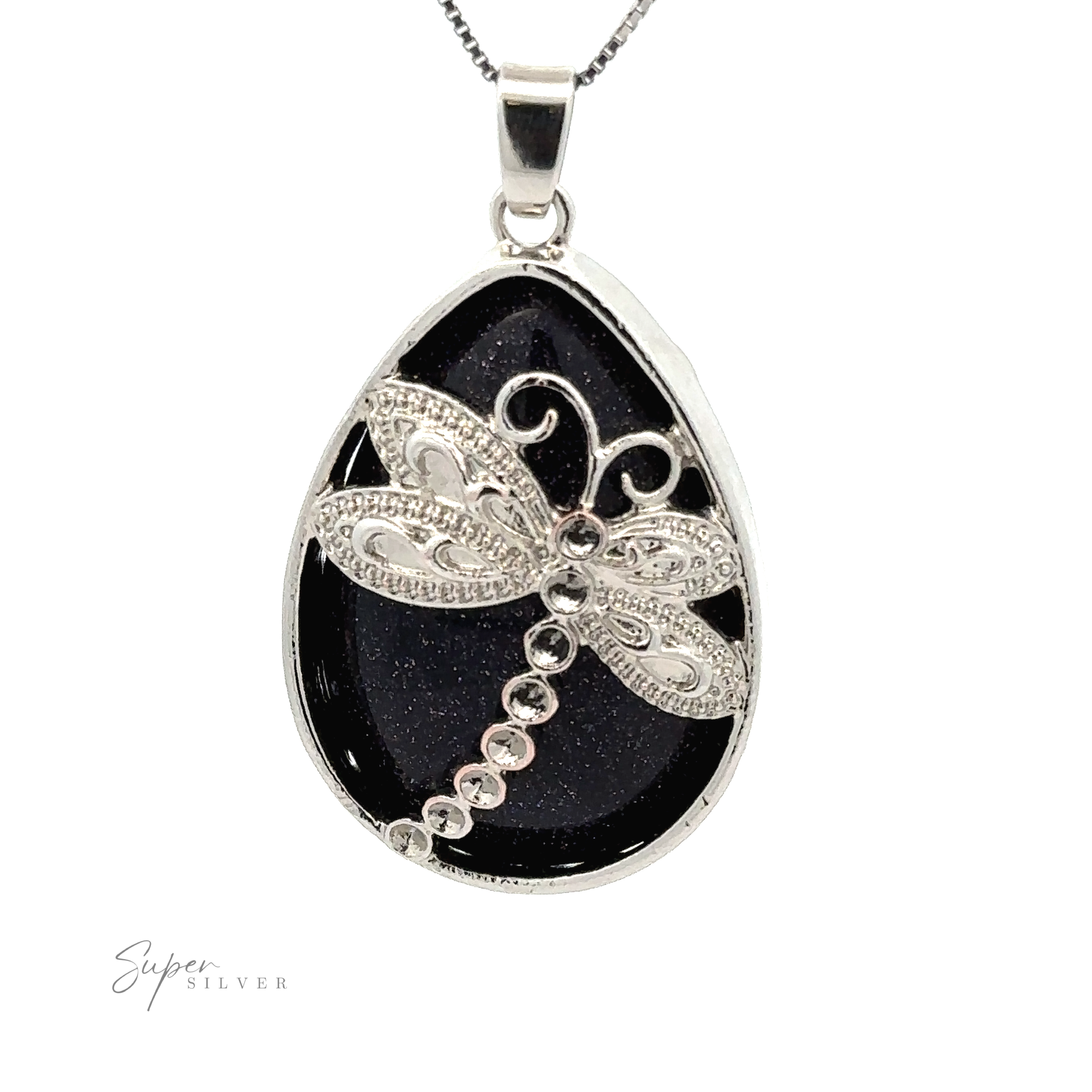 A Teardrop Stone pendant with Dragonfly with a silver dragonfly design on a dark, glittery background, with an Amethyst stone embedded at the top, and suspended from a thin mixed metals chain. The word "Super Silver" is visible in the lower left corner.