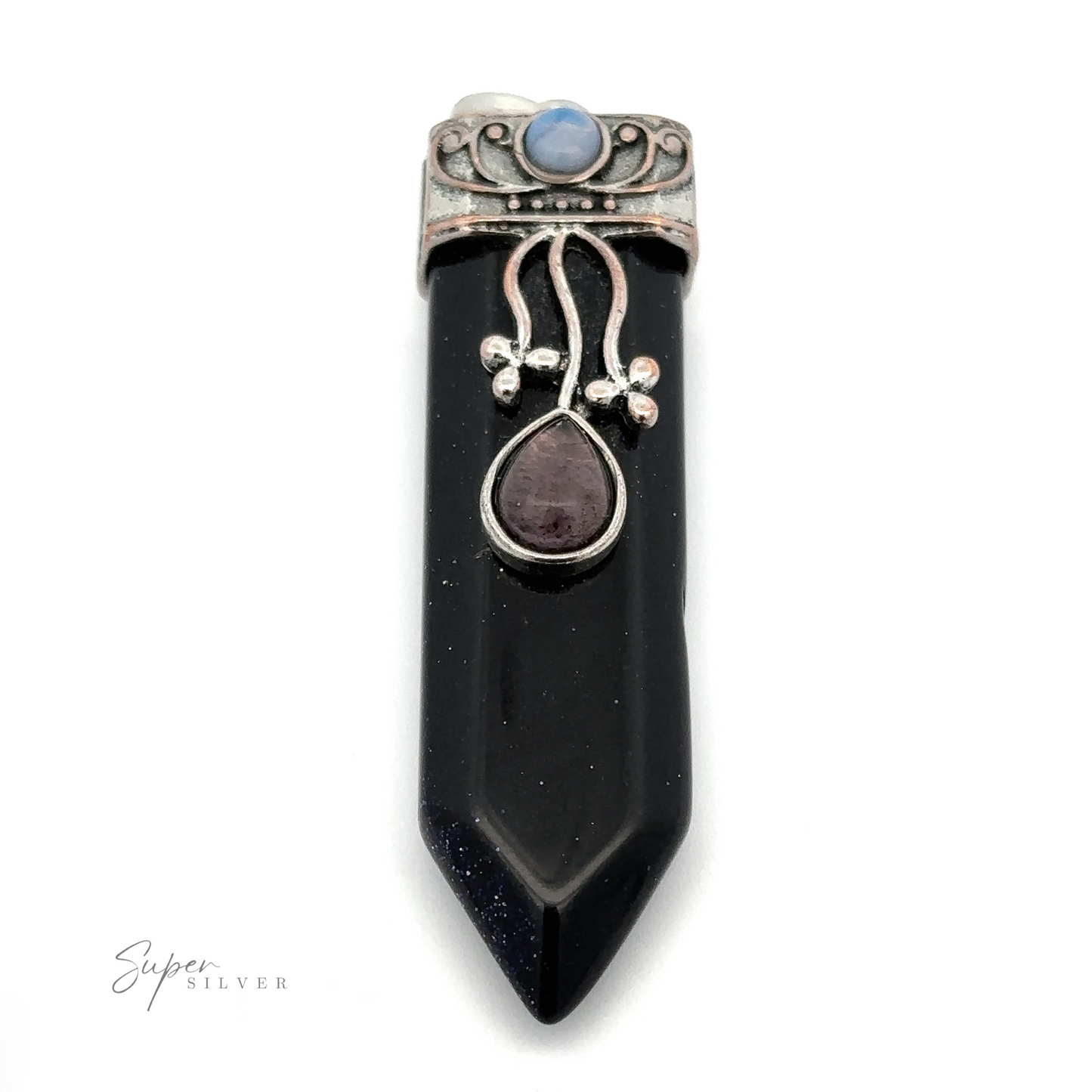 
                  
                    A decorative Obelisk Crystal Stone Pendant featuring an elongated black gemstone with silver ornate detailing and two additional gemstones—Opalite at the top and Amethyst at the center. The pendant is labeled "Super Silver.
                  
                