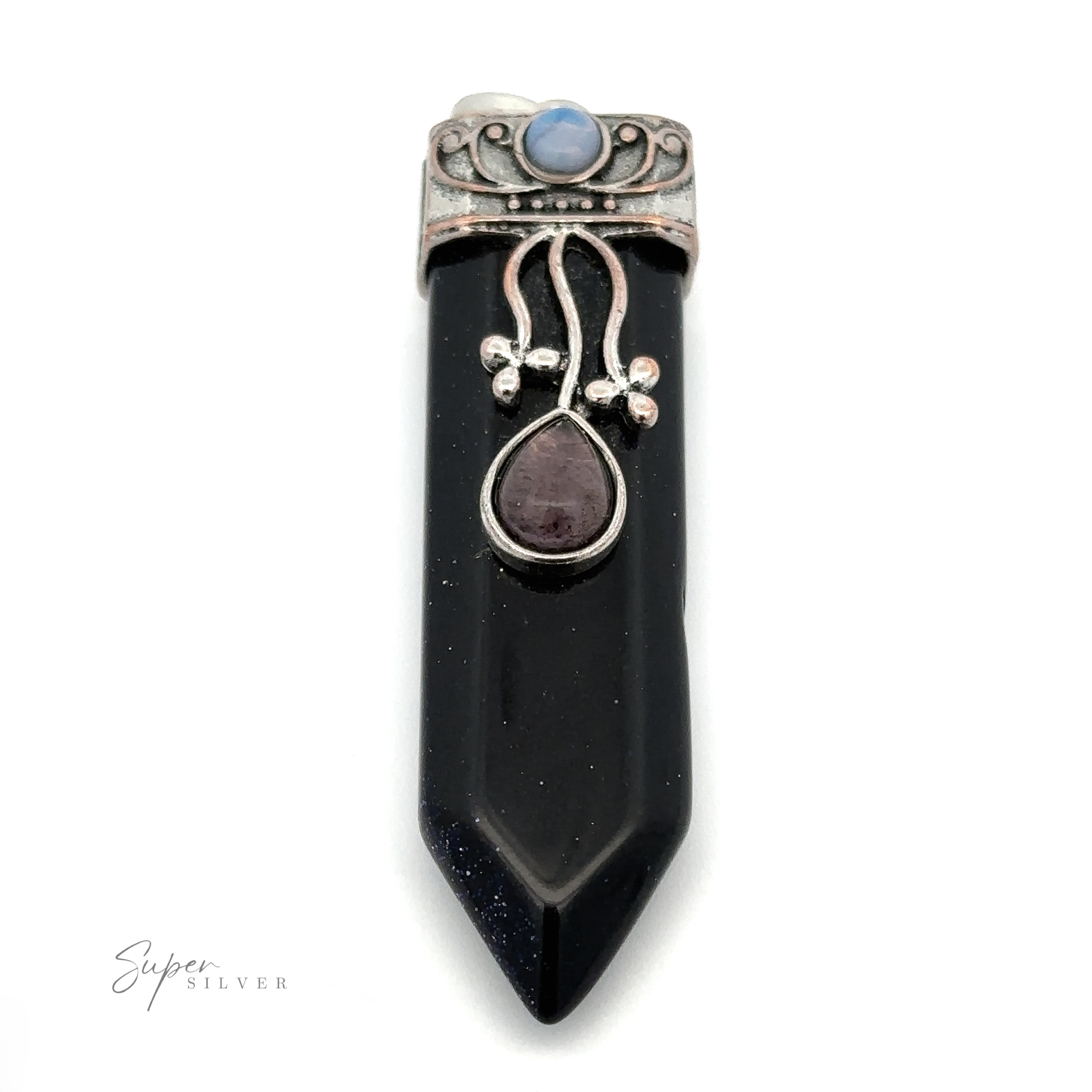 A decorative Obelisk Crystal Stone Pendant featuring an elongated black gemstone with silver ornate detailing and two additional gemstones—Opalite at the top and Amethyst at the center. The pendant is labeled "Super Silver.