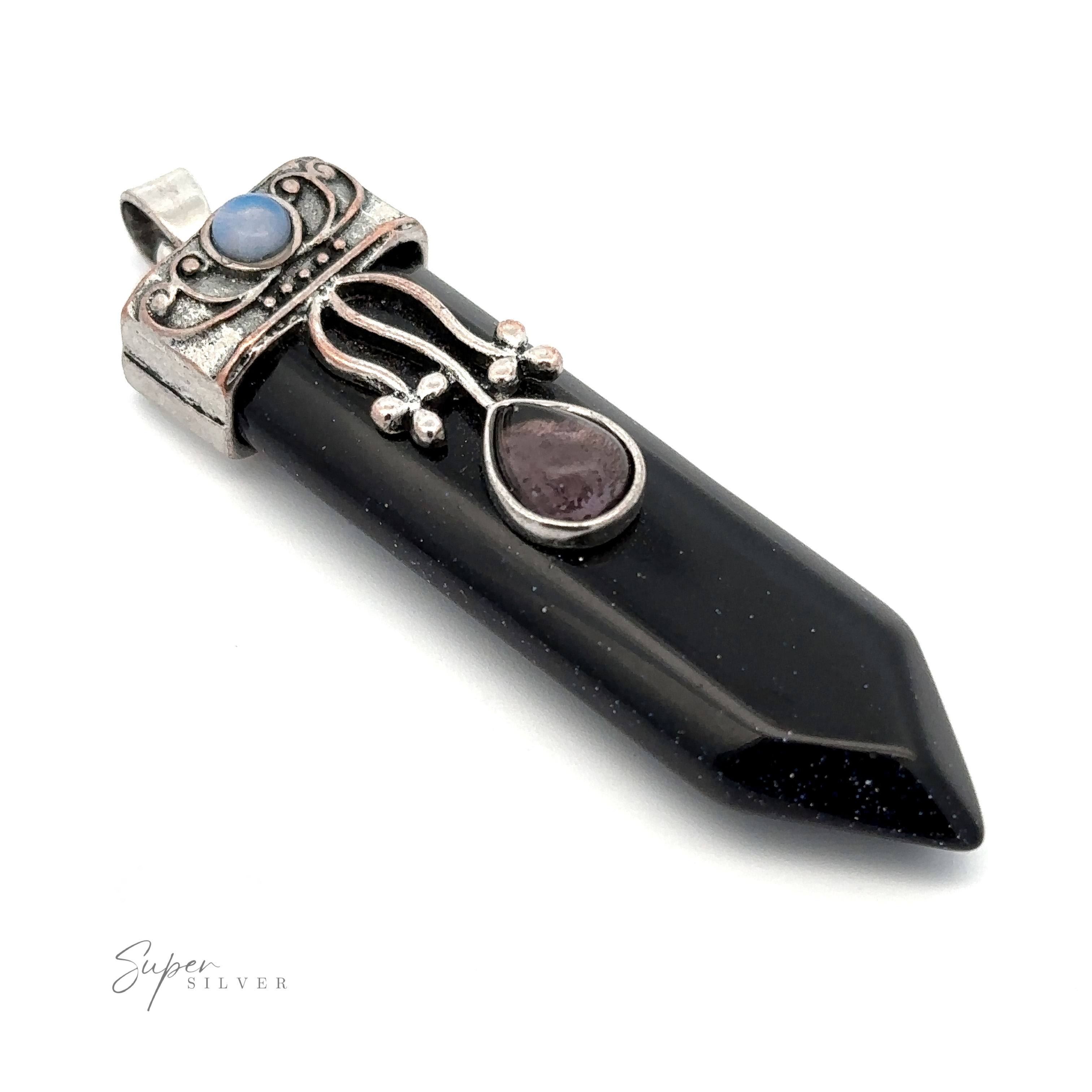 A polished black Obelisk Crystal Stone Pendant with intricate metalwork, featuring additional smaller stones like opalite and amethyst, and a bail for a necklace chain.