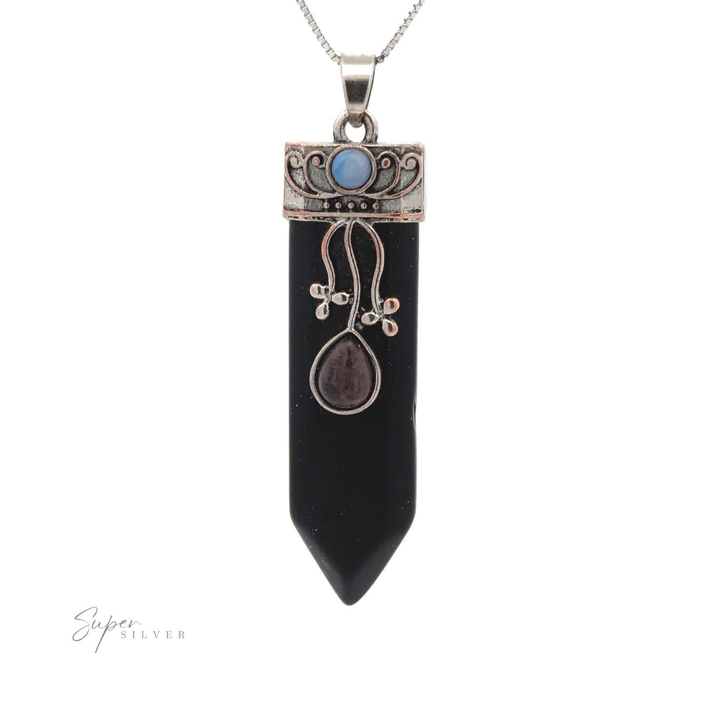 
                  
                    A Boho Obelisk Crystal Stone Pendant featuring a black pointed stone with silver accents, an Opalite circular gemstone, and decorative designs. The pendant is suspended from a silver chain.
                  
                