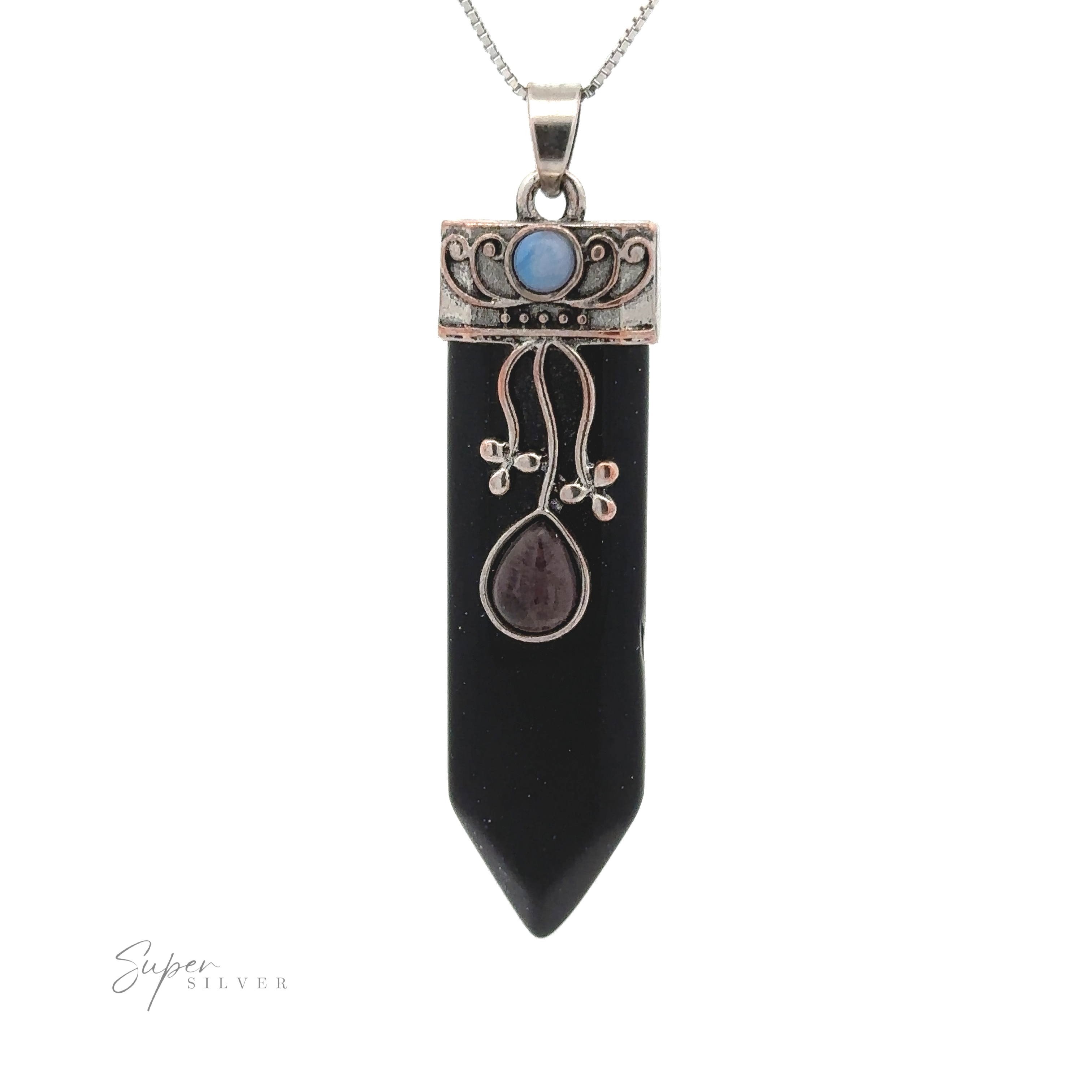 A Boho Obelisk Crystal Stone Pendant featuring a black pointed stone with silver accents, an Opalite circular gemstone, and decorative designs. The pendant is suspended from a silver chain.