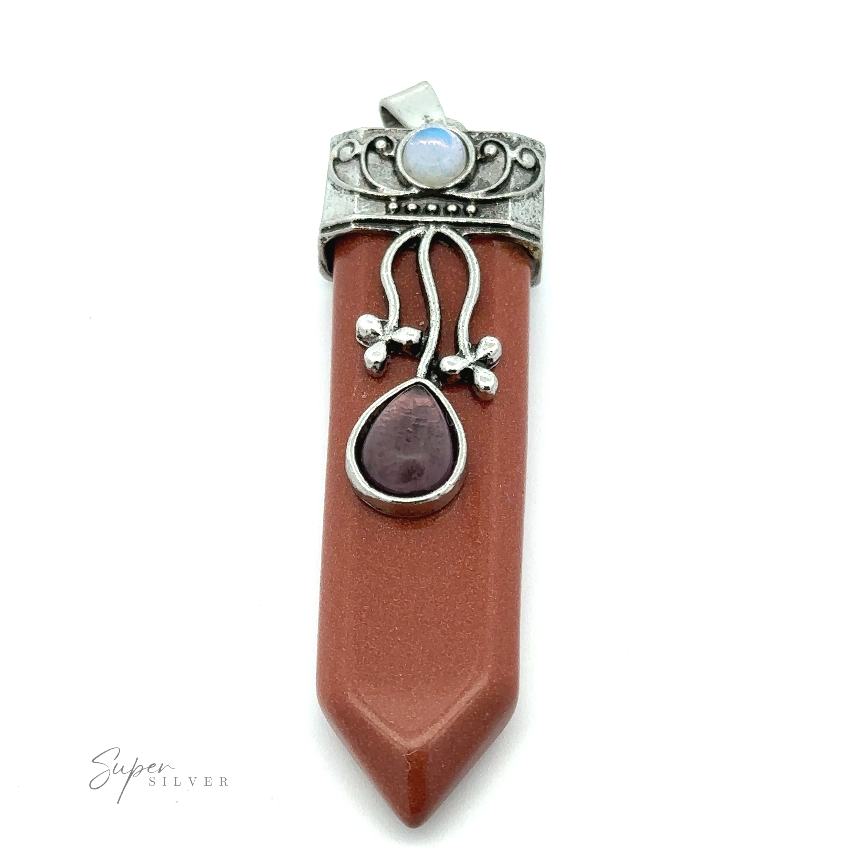 The Obelisk Crystal Stone Pendant features a reddish-brown pointed stone, a small amethyst jewel, and a decorative silver cap adorned with an opalite blue stone.
