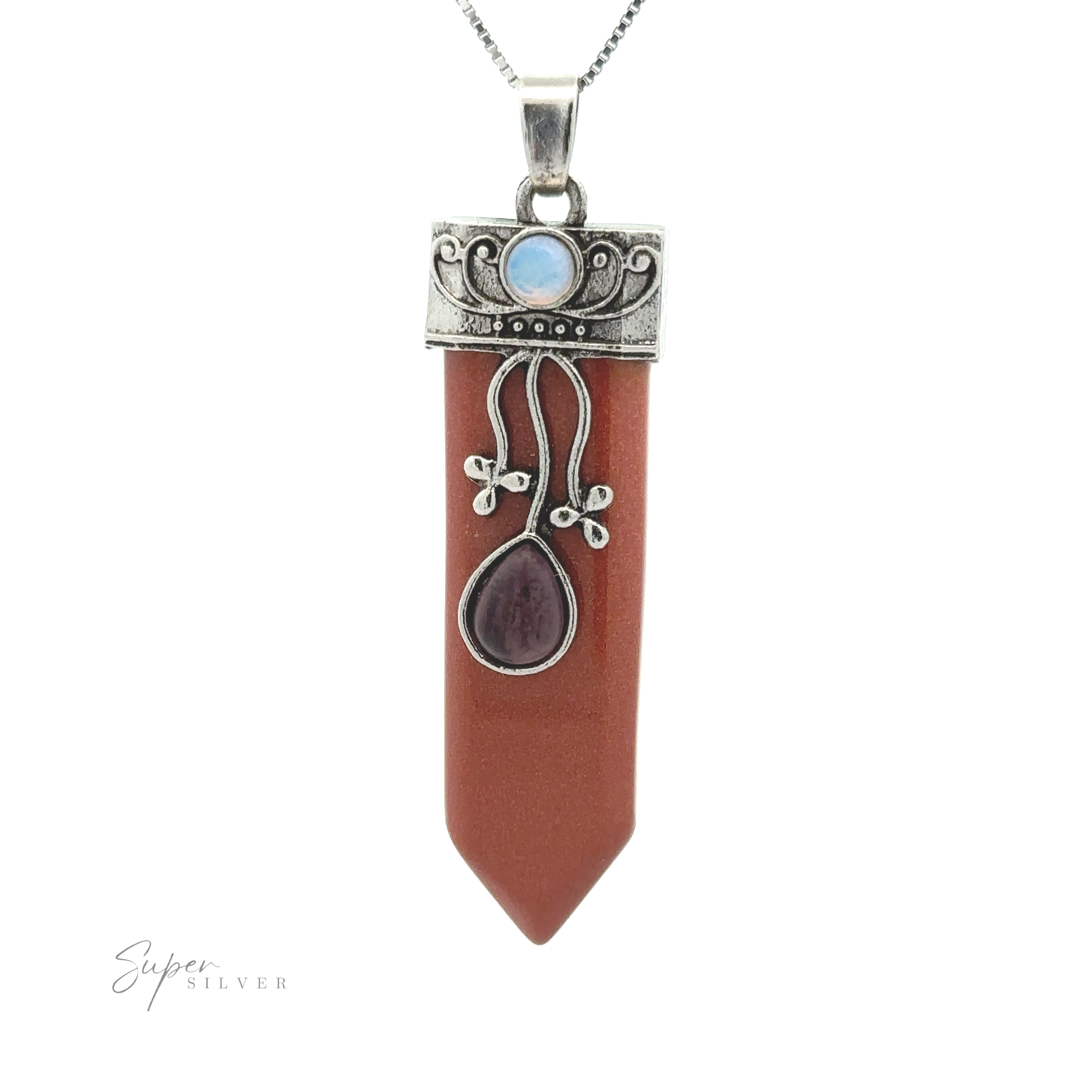 A Obelisk Crystal Stone Pendant featuring a brown, rectangular stone with a pointed end, adorned with ornate silver detailing and small amethyst gemstones for a touch of boho elegance.