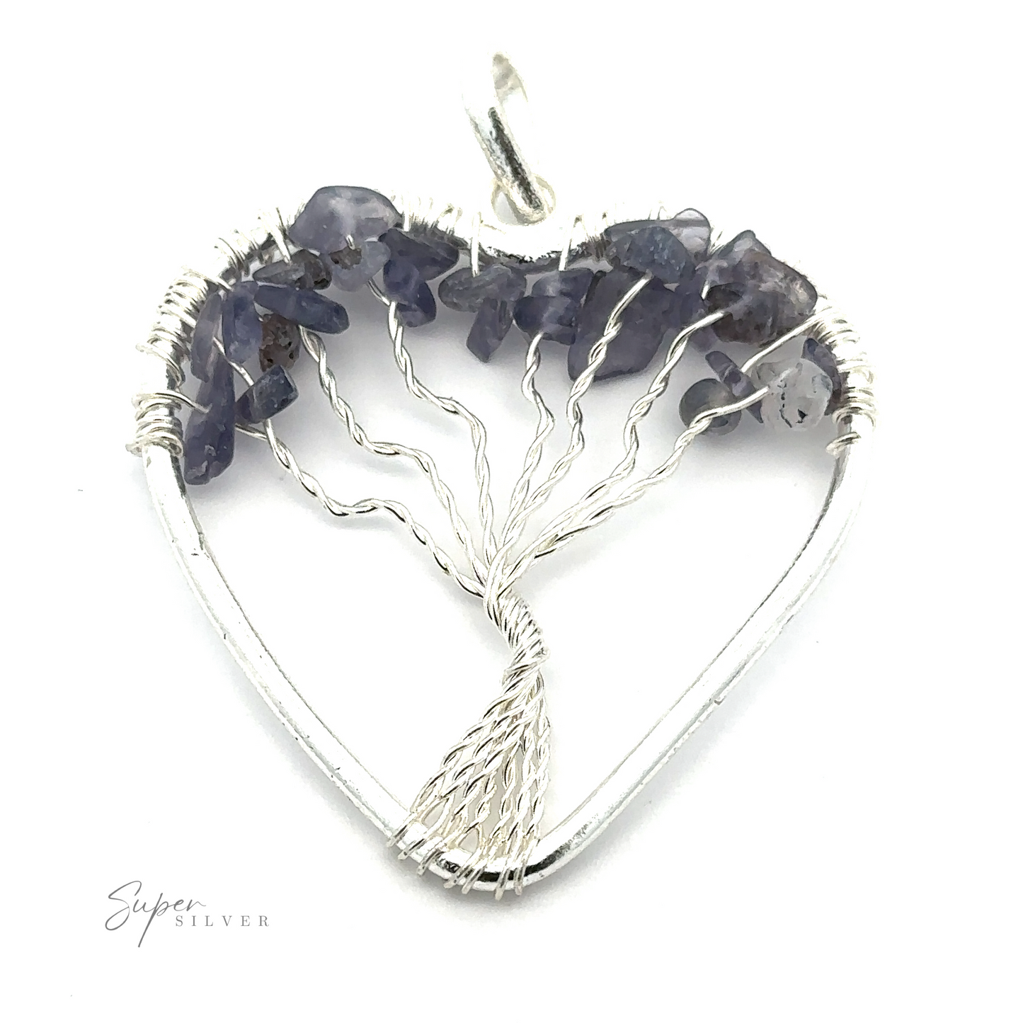 
                  
                    A Heart Shaped Tree of Life Pendant with a wire-wrapped tree of life design, adorned with small blue stones at the top, against a white background. The logo "Super Silver" is visible in the lower left corner.
                  
                