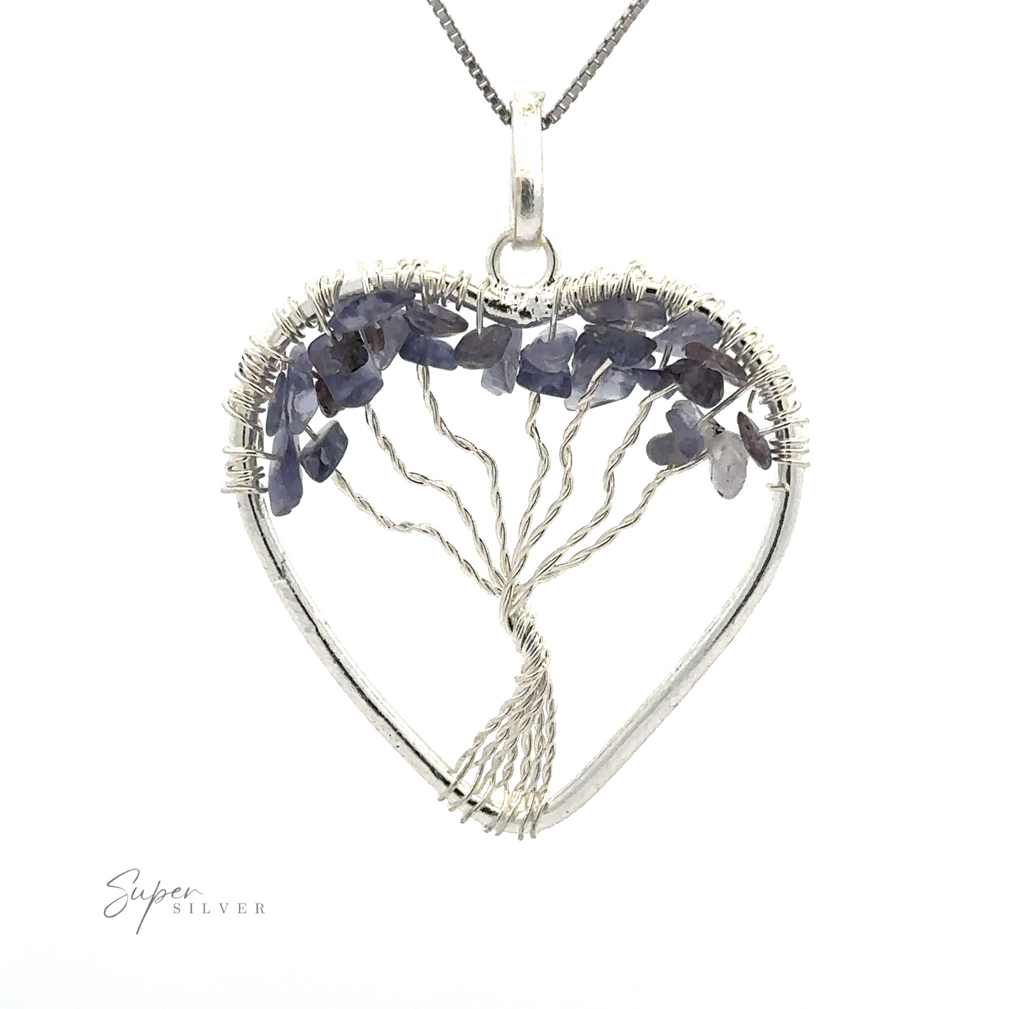 
                  
                    Heart Shaped Tree of Life Pendant featuring a wire wrapped tree of life design made of silver wire, with small purple raw stone beads embellishing the tree branches, shown against a white background.
                  
                