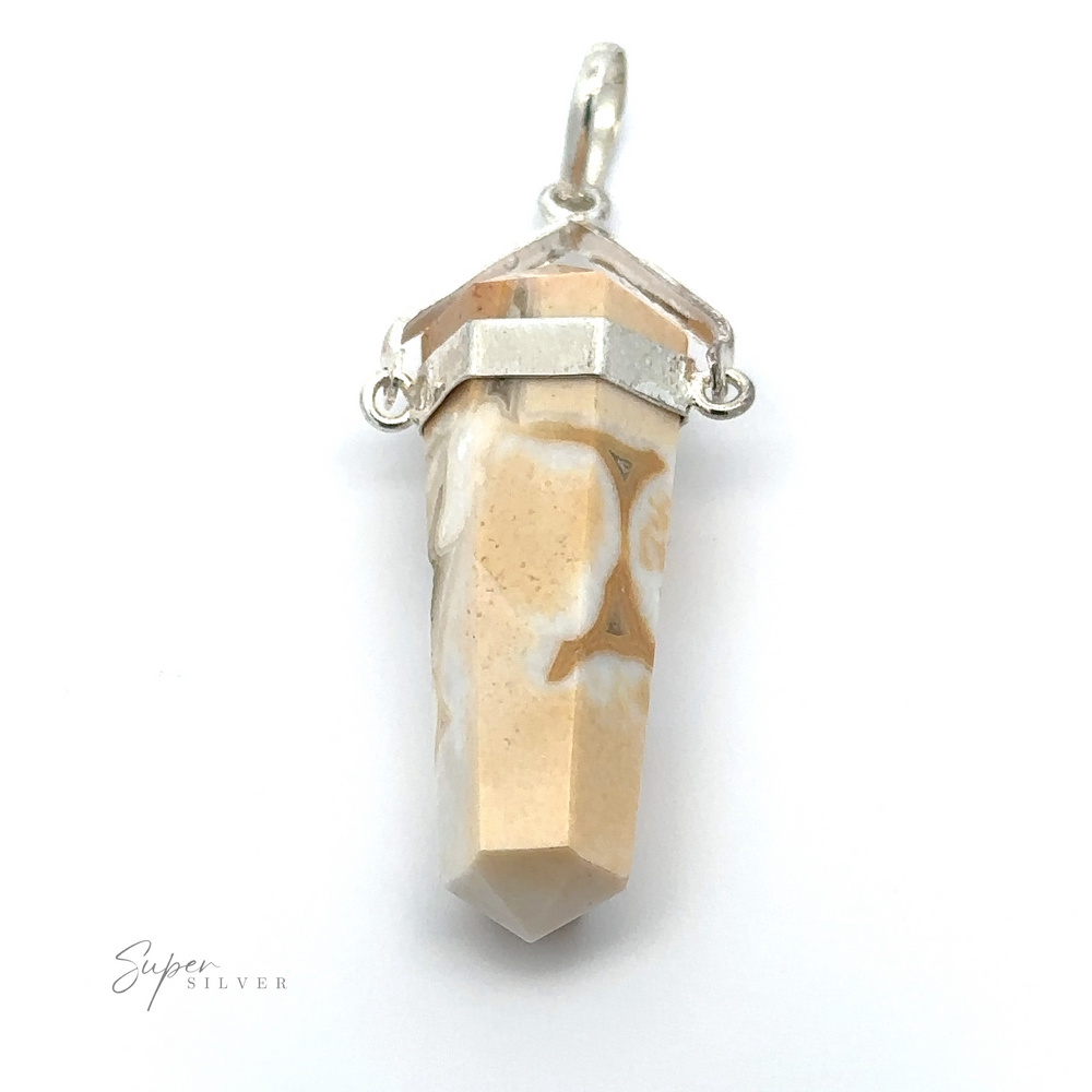
                  
                    Raw Stone Swivel Pendant featuring a hexagonal beige and white raw stone obelisk with silver-colored metal accents and a loop for a chain.
                  
                