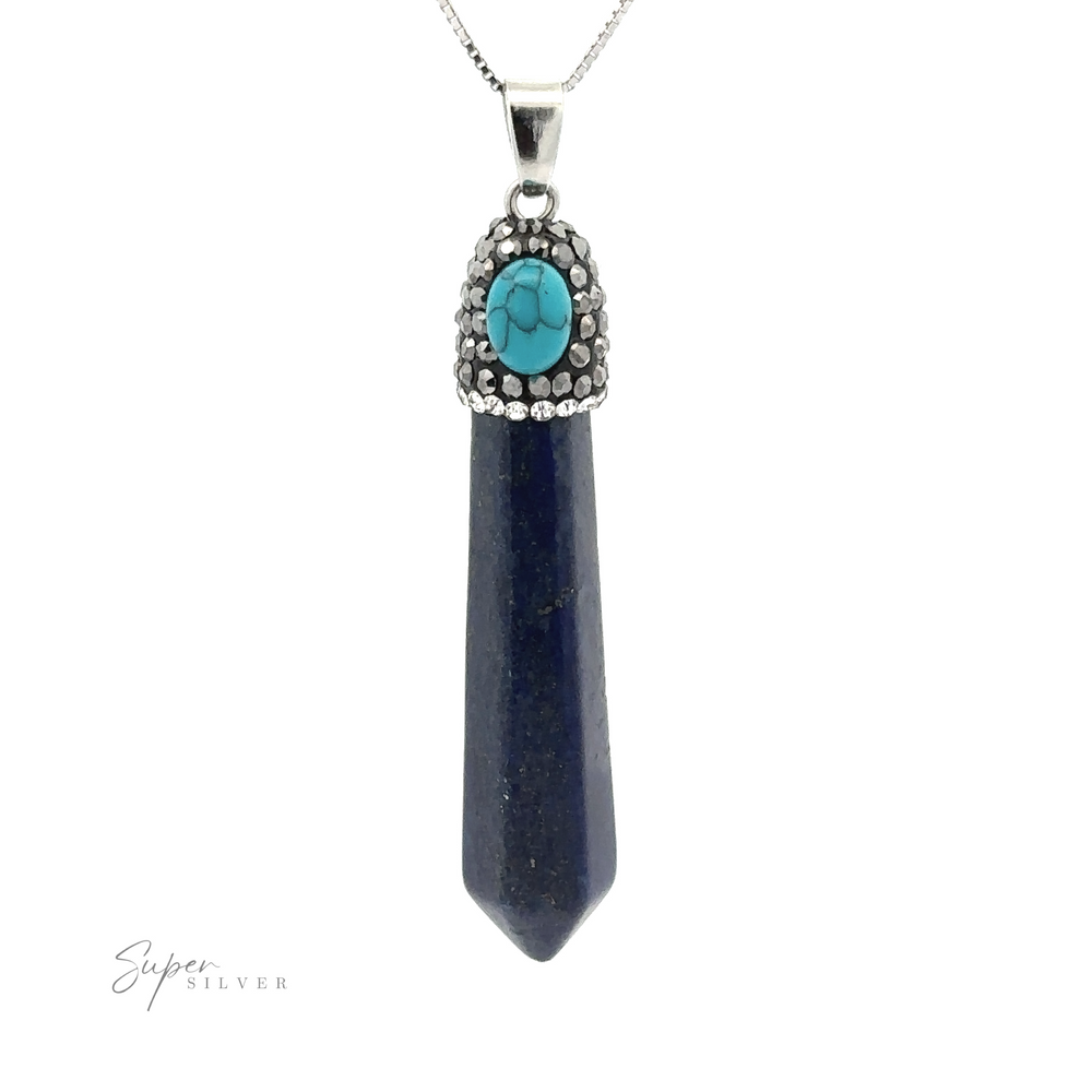 
                  
                    A silver chain necklace with a Stone Obelisk Pendant featuring a blue rectangular stone and a turquoise accent at the top, surrounded by small decorative elements, incorporates intricate hematite beads for added elegance.
                  
                