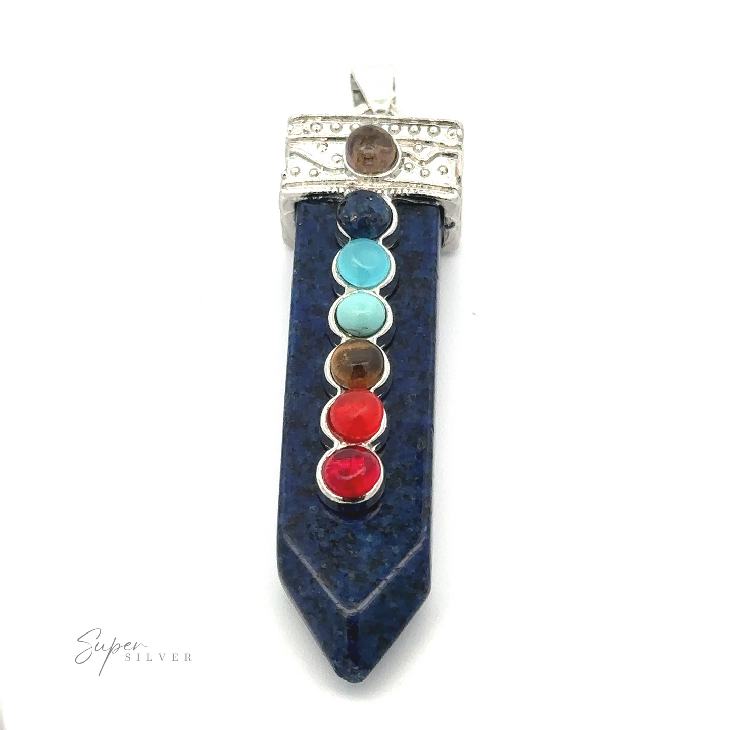 
                  
                    A striking Obelisk Crystal Pendant with Small Chakra Stones featuring a blue elongated crystal and five vibrant chakra stones vertically aligned, elegantly held by a silver-plated design.
                  
                