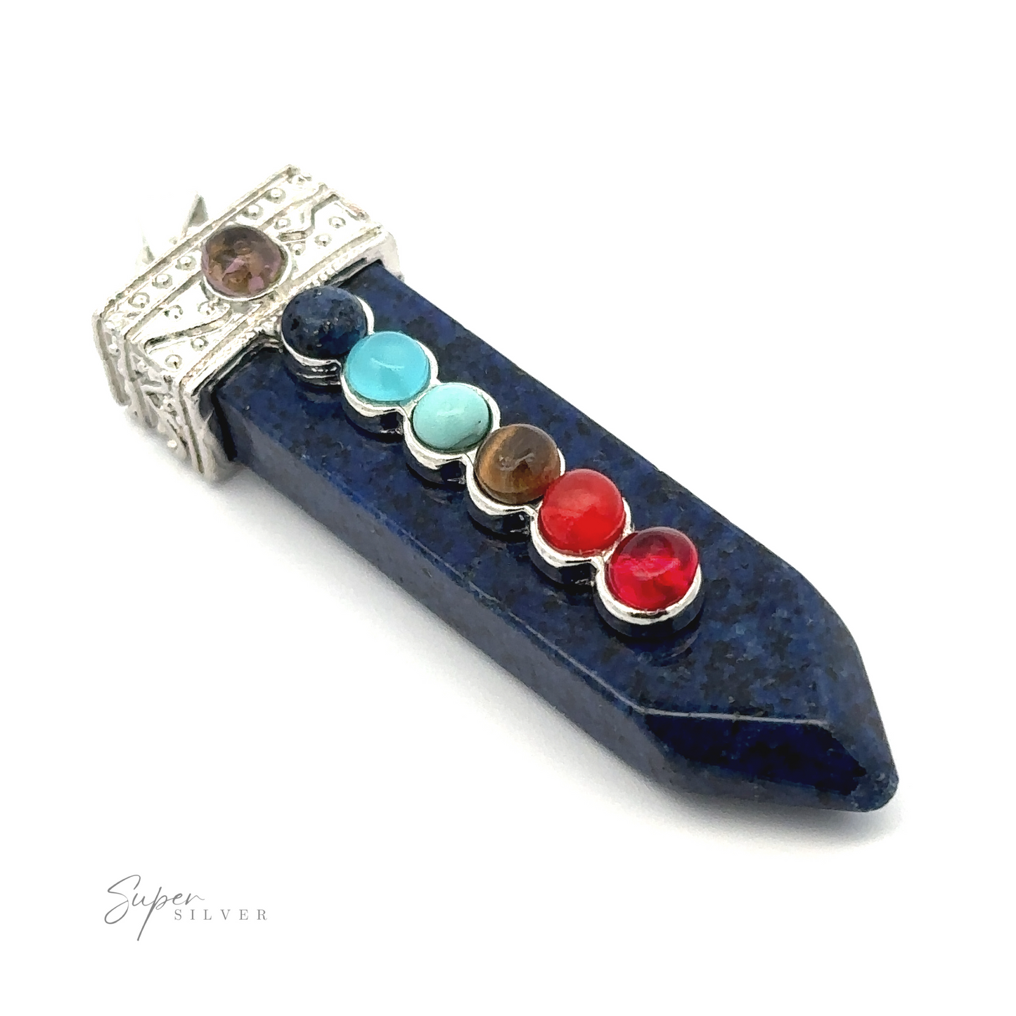 
                  
                    A stunning Obelisk Crystal Pendant with Small Chakra Stones featuring a blue gemstone base with six chakra stones of varying colors arranged vertically, all set in a silver-plated design.
                  
                
