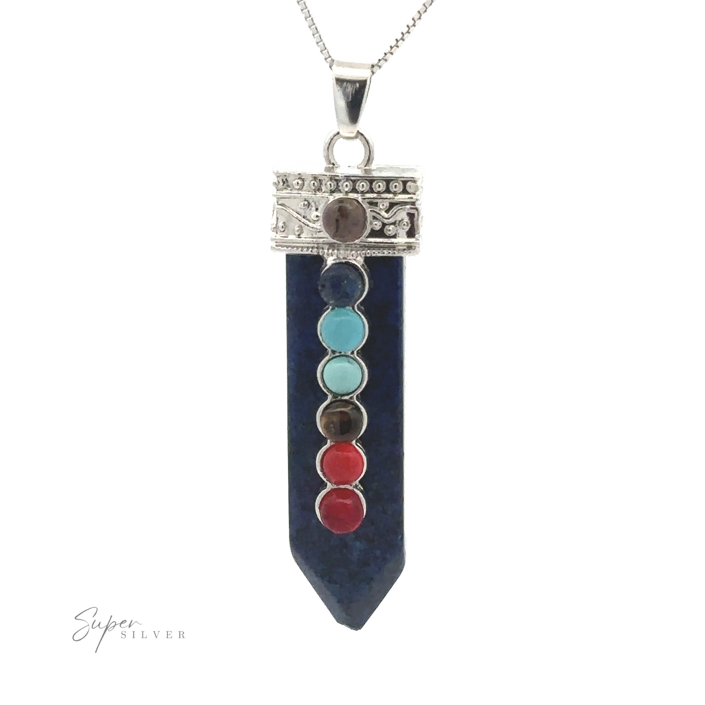 
                  
                    Obelisk Crystal Pendant with Small Chakra Stones adorned with seven Chakra stones and intricate silver-plated detailing at the top. The chain is a delicate silver link. Logo in bottom left corner reads "Super Silver.
                  
                