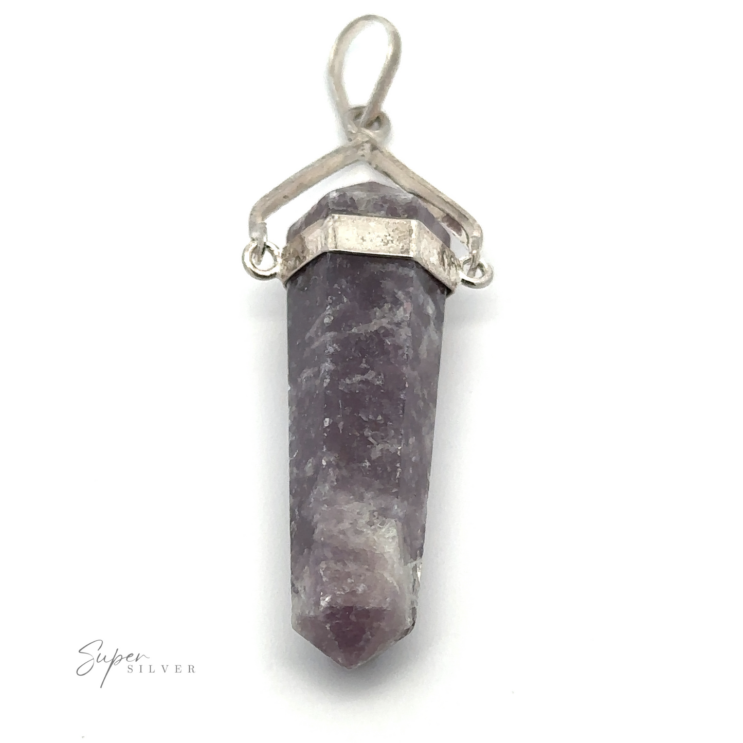 
                  
                    A Raw Stone Swivel Pendant featuring a raw stone obelisk of purple amethyst set in a silver-plated setting with a loop for a chain.
                  
                