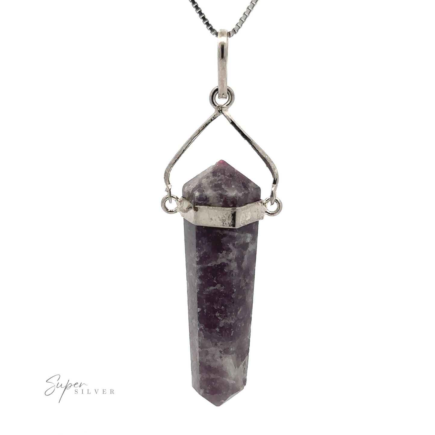 
                  
                    A Raw Stone Swivel Pendant with a hexagonal prism shape is elegantly mounted in a silver-plated setting. The pendant, resembling a raw stone obelisk, hangs from a delicate silver chain.
                  
                