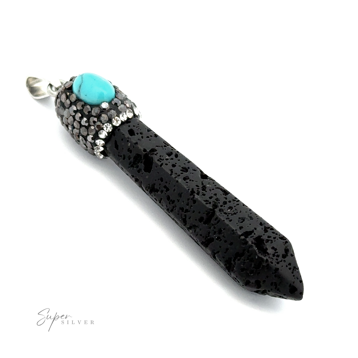 
                  
                    A Stone Obelisk Pendant with a pointed end and a turquoise accent at the top, adorned with small rhinestones and Hematite beads, on a white background.
                  
                