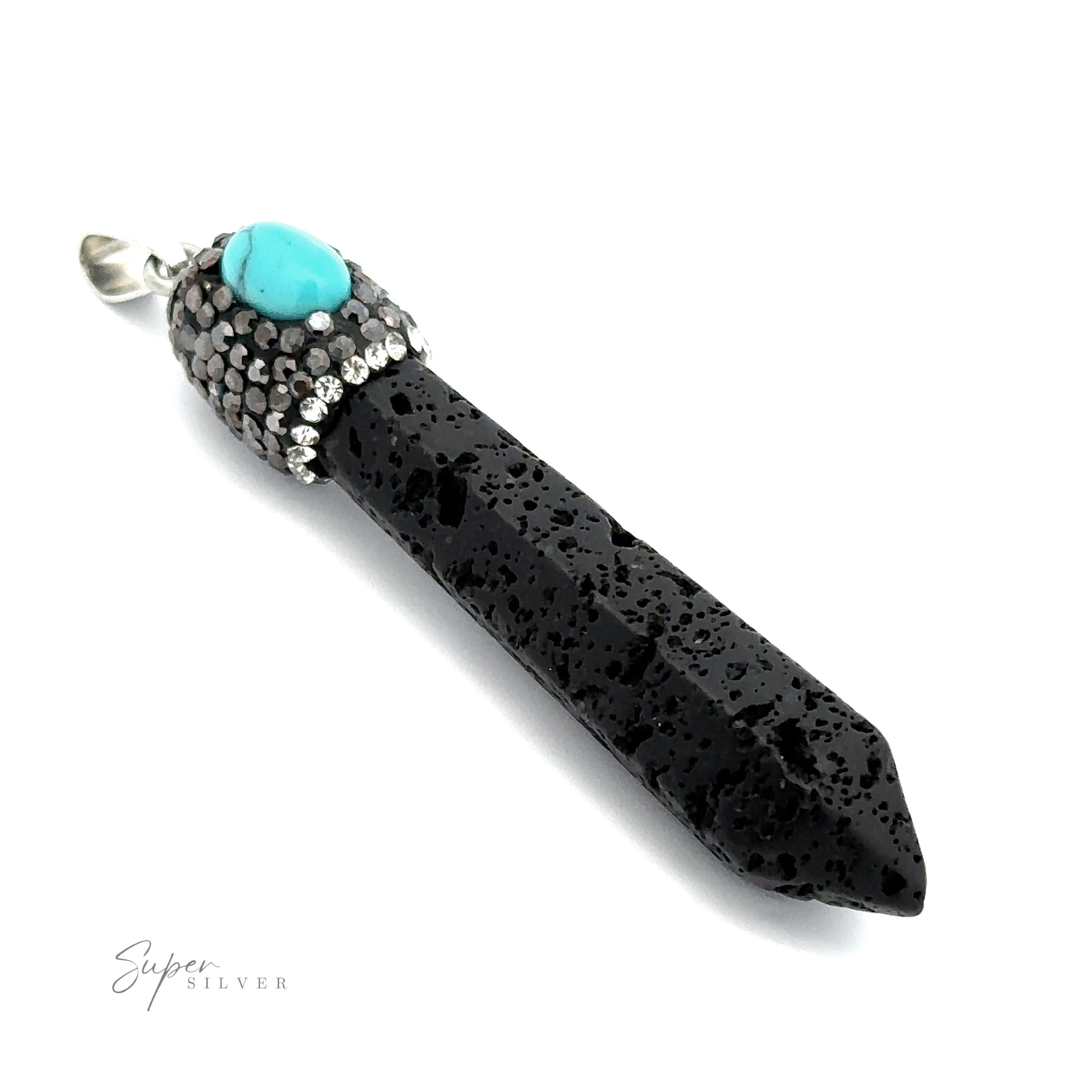 A Stone Obelisk Pendant with a pointed end and a turquoise accent at the top, adorned with small rhinestones and Hematite beads, on a white background.