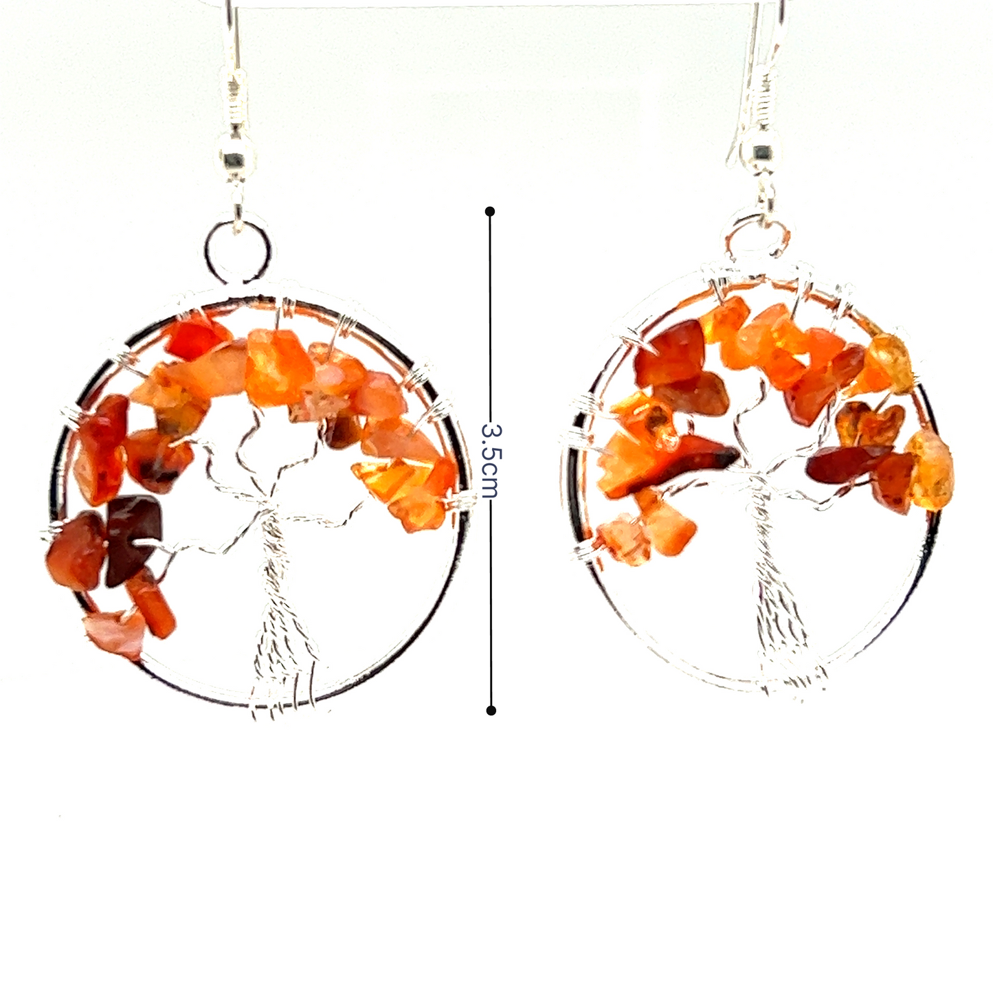 A pair of orange Super Silver Gemstone Tree Earrings adorned with gemstones.