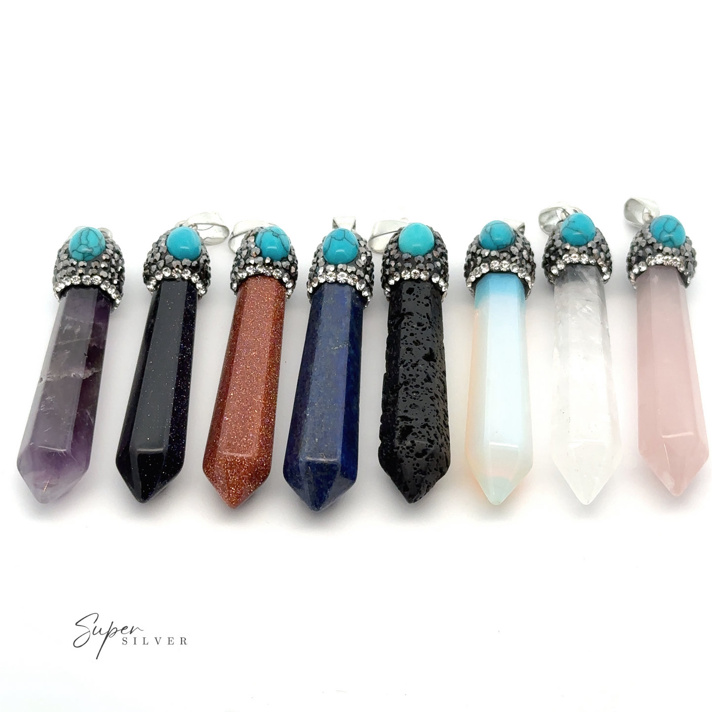 A row of eight Stone Obelisk Pendants are displayed, each adorned with a silver cap and turquoise stone on the top. Colors from left to right include purple, black, red-brown, dark blue, black, light blue, clear, and pink.