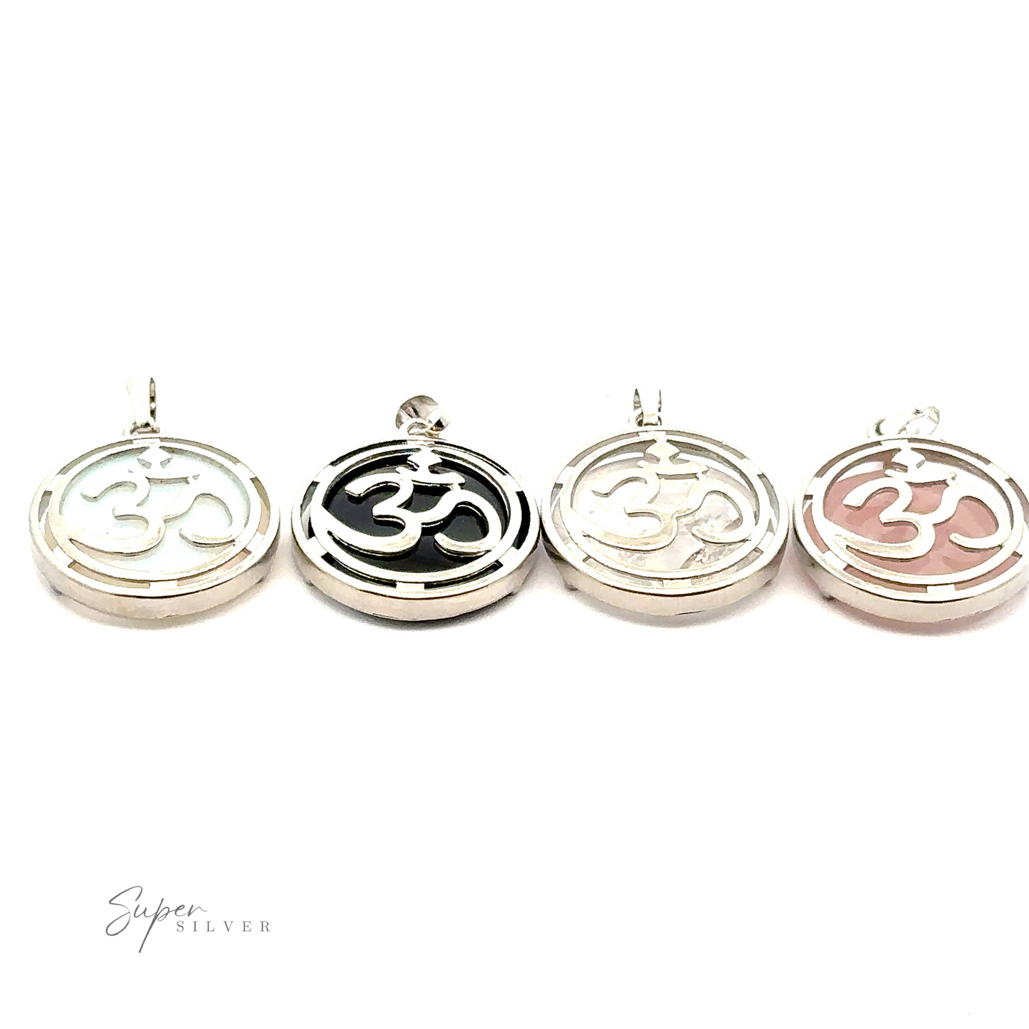 Four silver-plated Om Pendant necklaces featuring backgrounds in white, black, light pink, and light grey. The brand name "Super Silver" is in the lower left corner. Some designs incorporate opalite for an added touch of elegance.