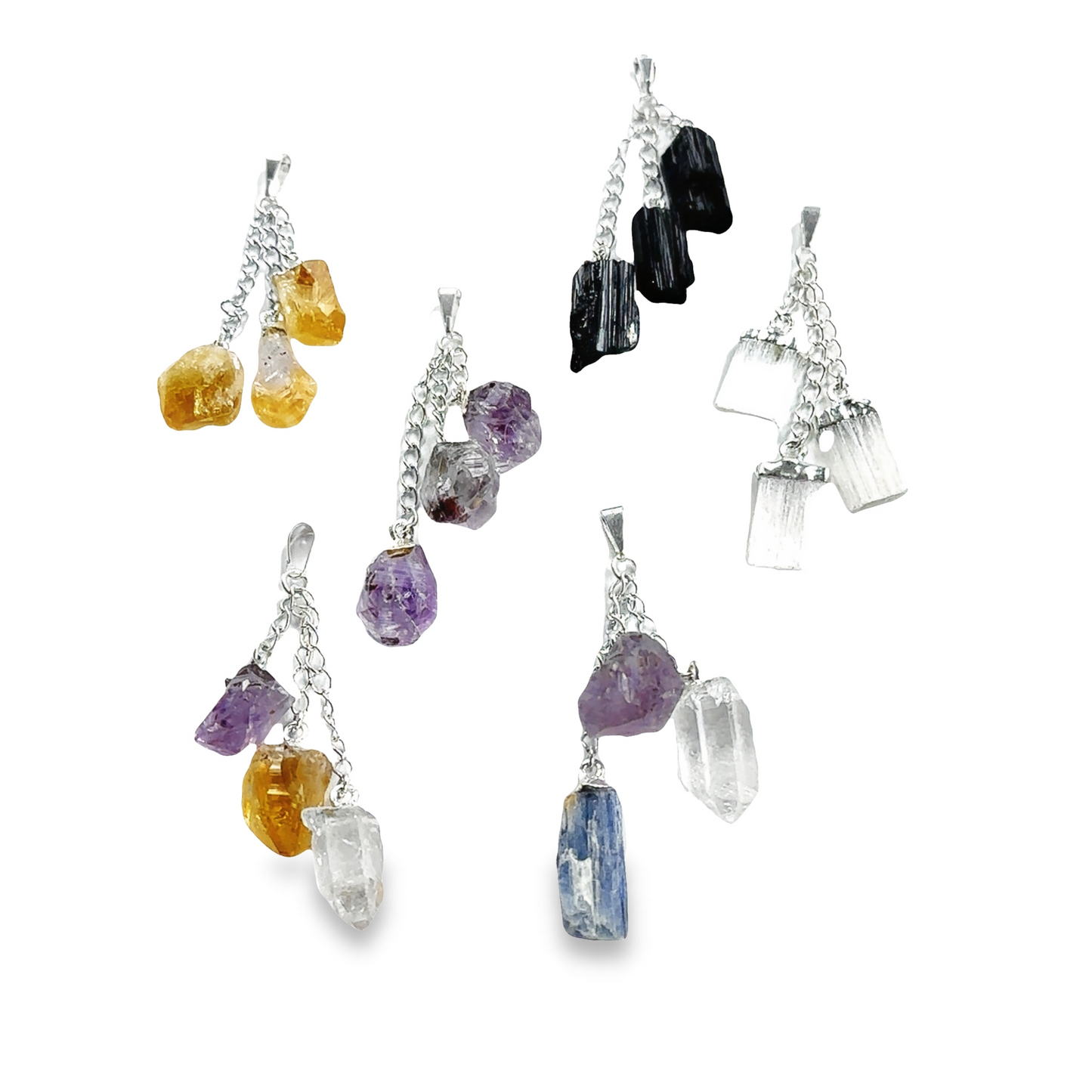 A collection of Super Silver boho necklaces featuring stunning Triple Crystal Pendants in various colors.
