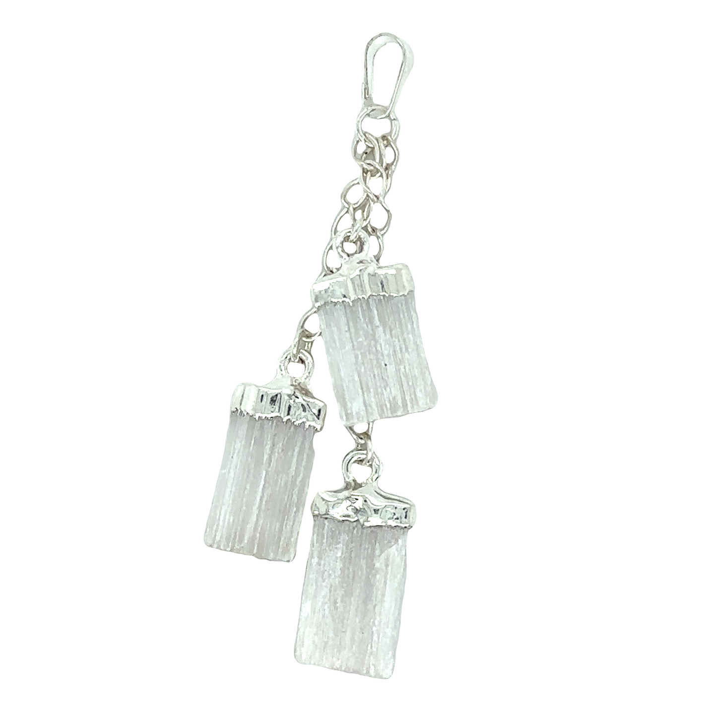 
                  
                    A Super Silver Triple Crystal Pendant featuring three white quartz crystals suspended delicately from a silver chain.
                  
                