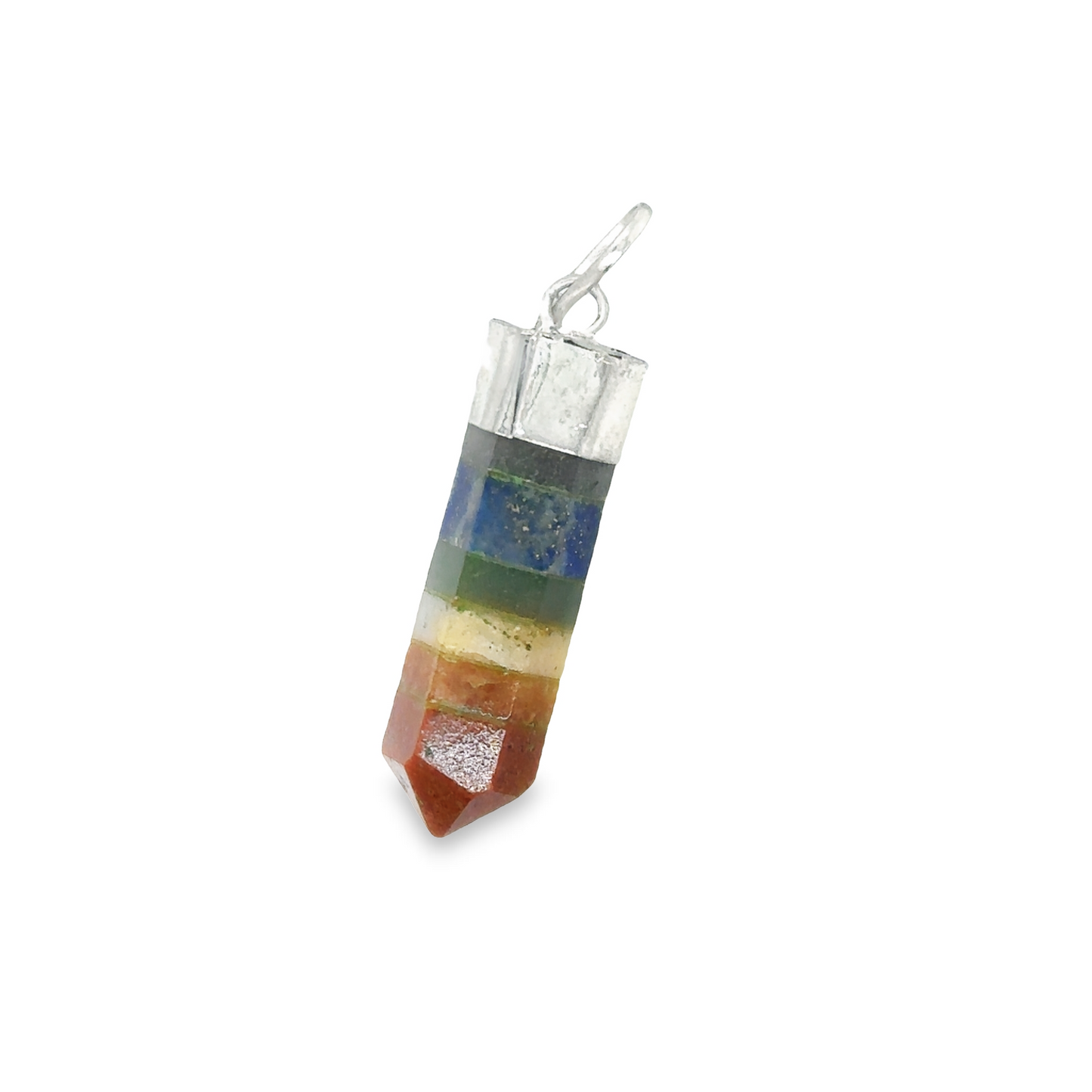 A Super Silver Chakra Crystal Point Pendant on a white background, radiating energy.